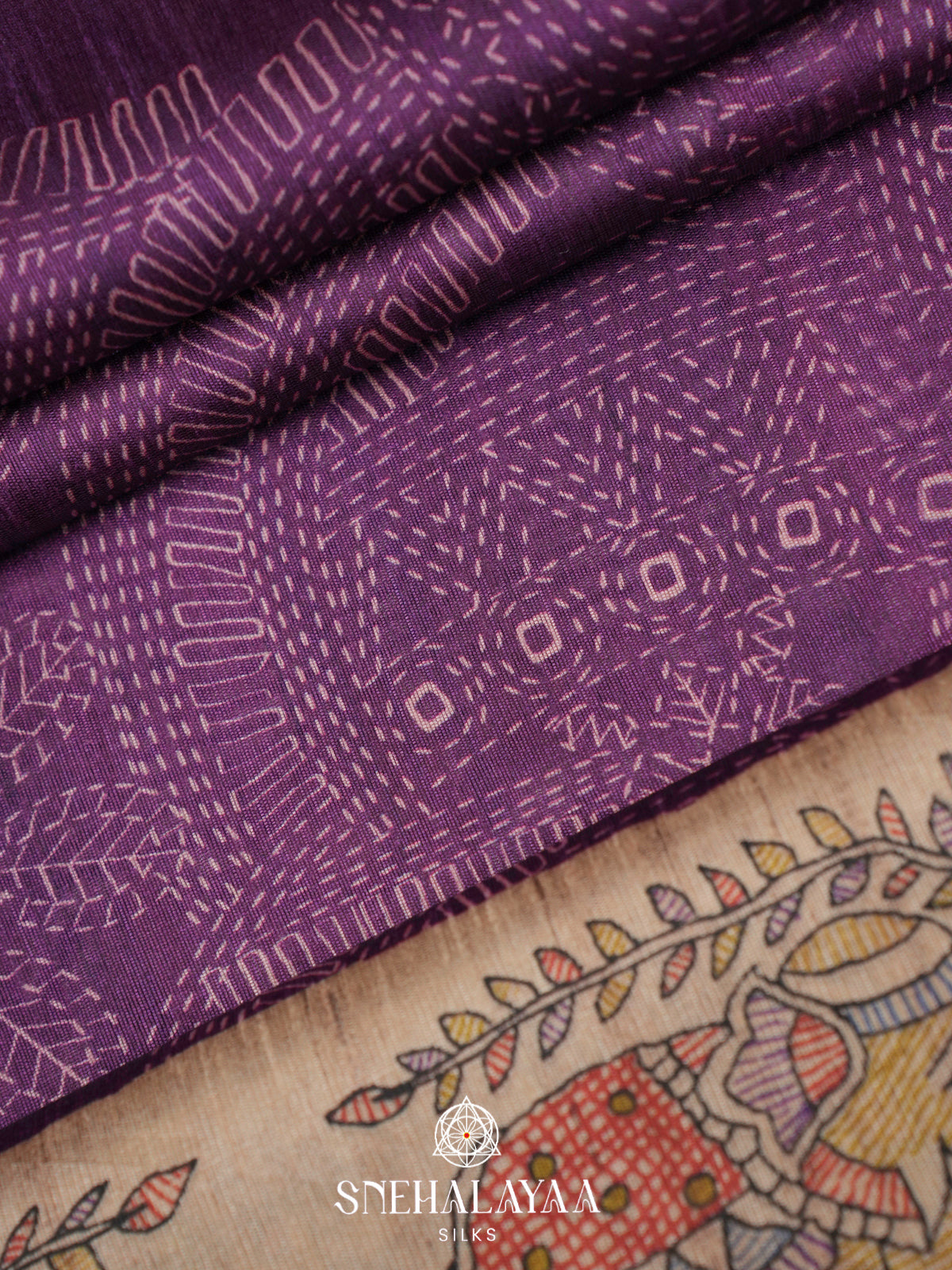 Violet Madhubani Printed Tussar Saree