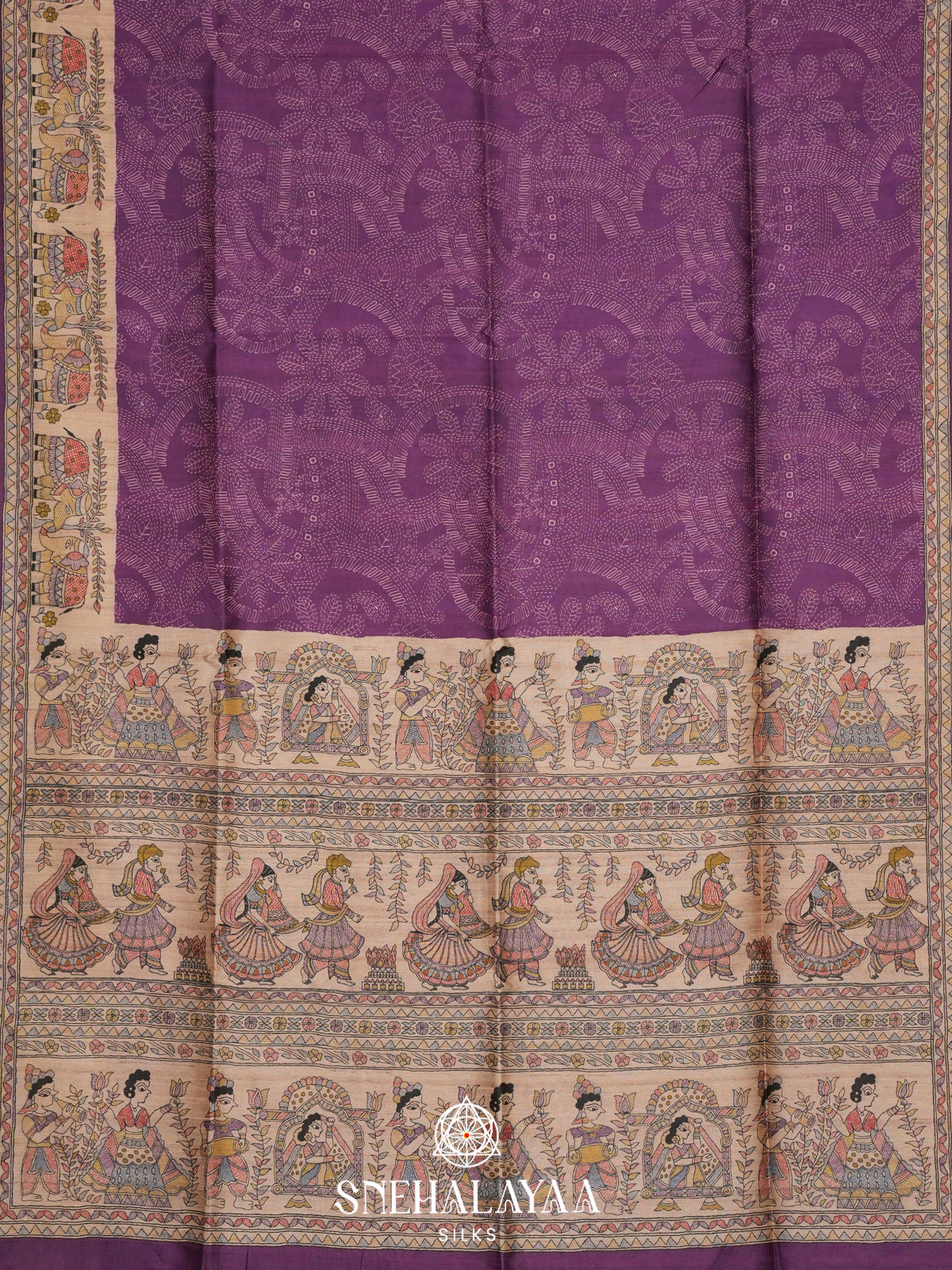 Violet Madhubani Printed Tussar Saree