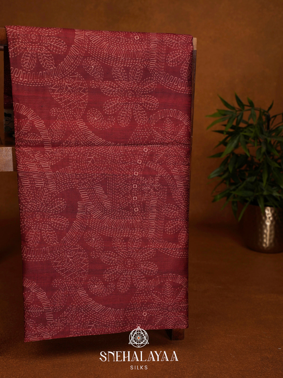 Maroon Madhubani Printed Tussar Saree
