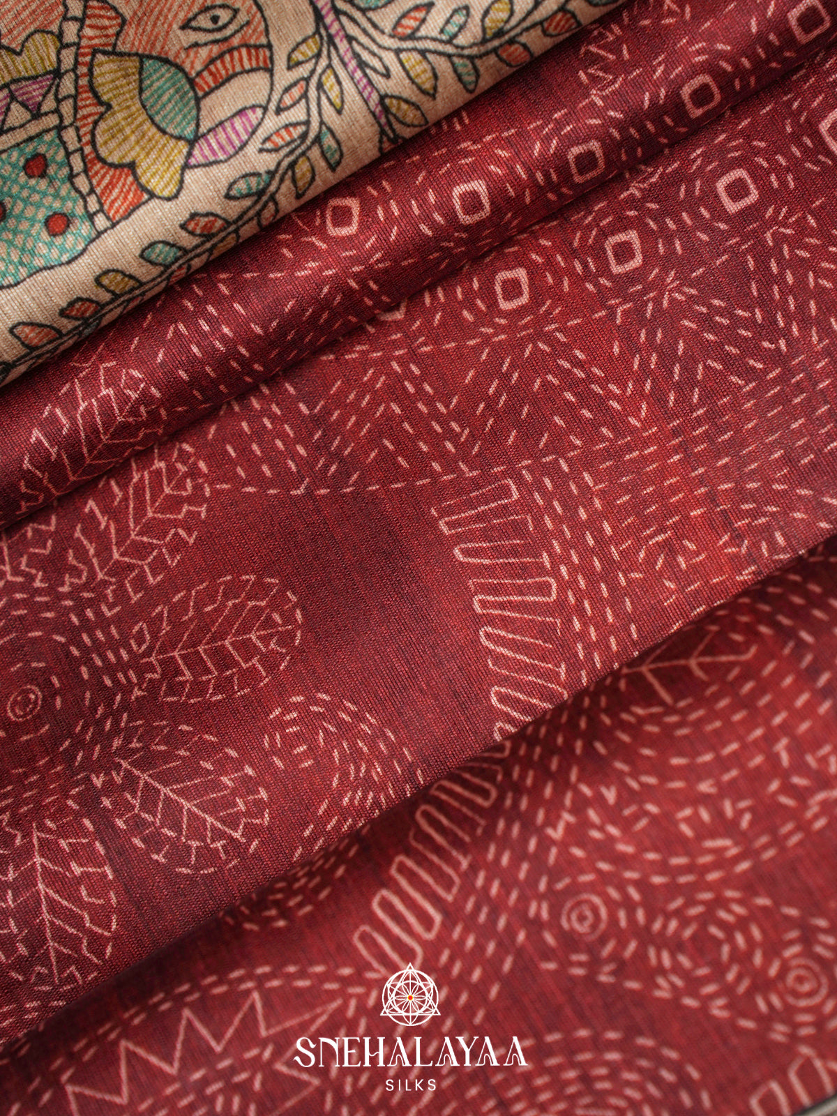 Maroon Madhubani Printed Tussar Saree