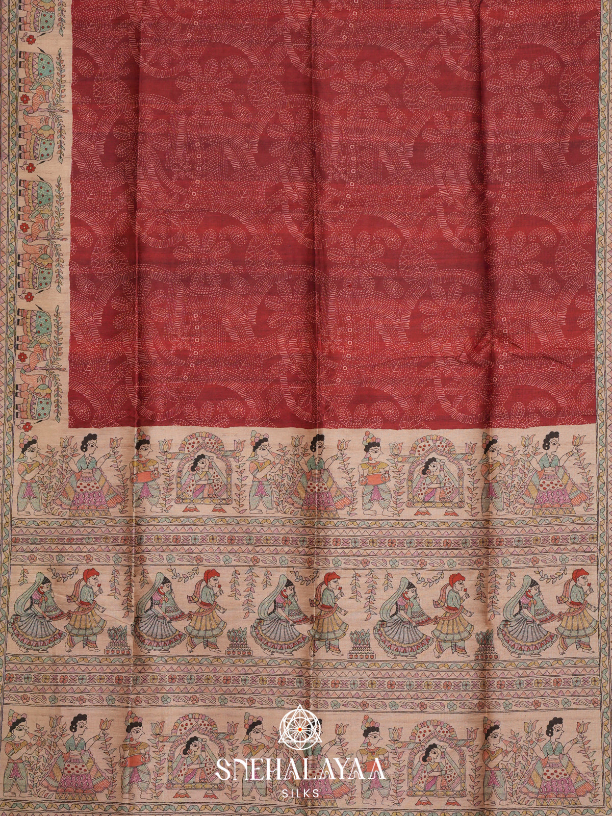 Maroon Madhubani Printed Tussar Saree