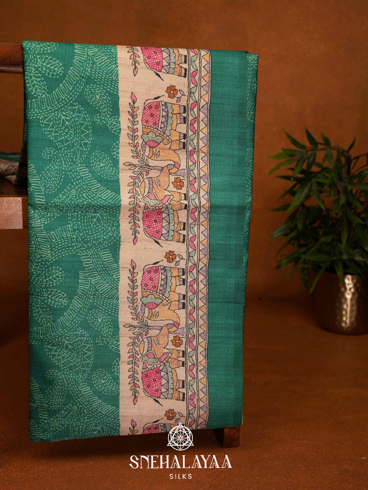 Teal Green Madhubani Printed Tussar Saree
