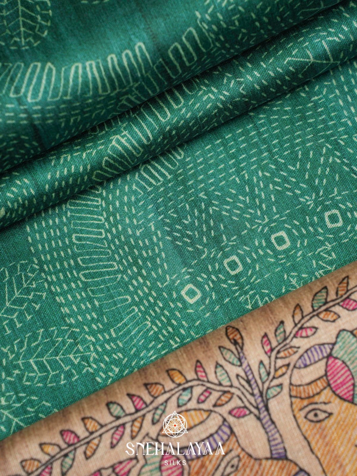 Teal Green Madhubani Printed Tussar Saree