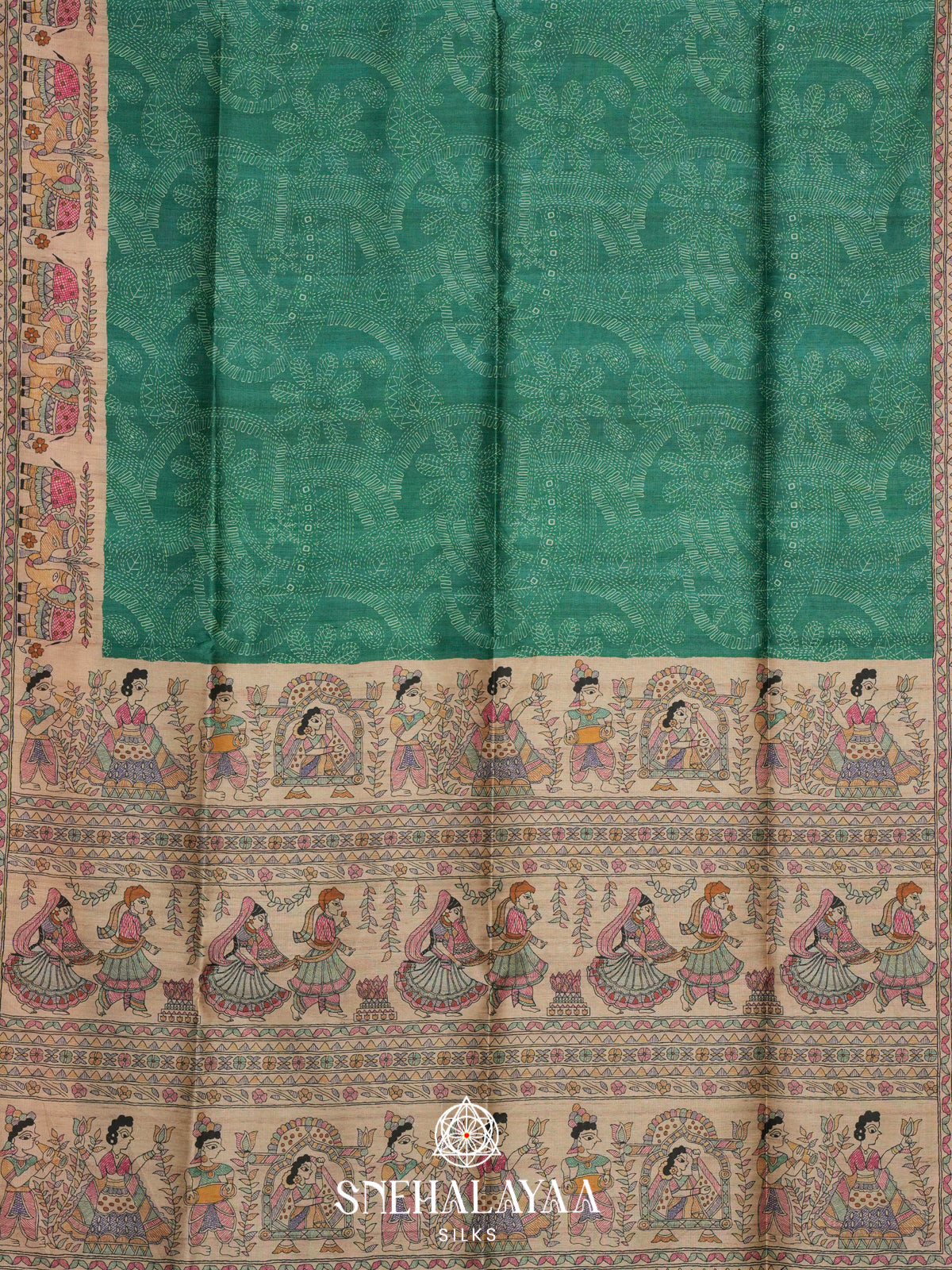 Teal Green Madhubani Printed Tussar Saree