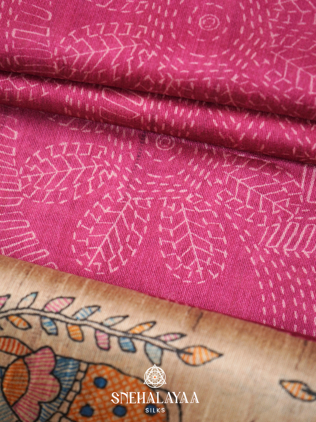 Pink  Madhubani Printed Saree