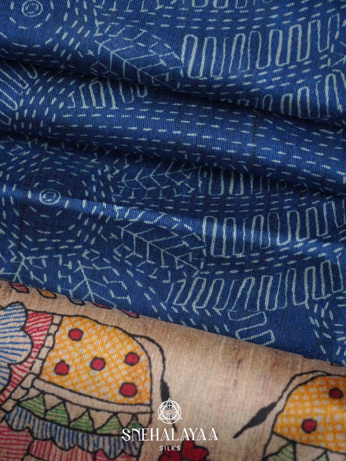 Navy Blue  Madhubani Printed Saree