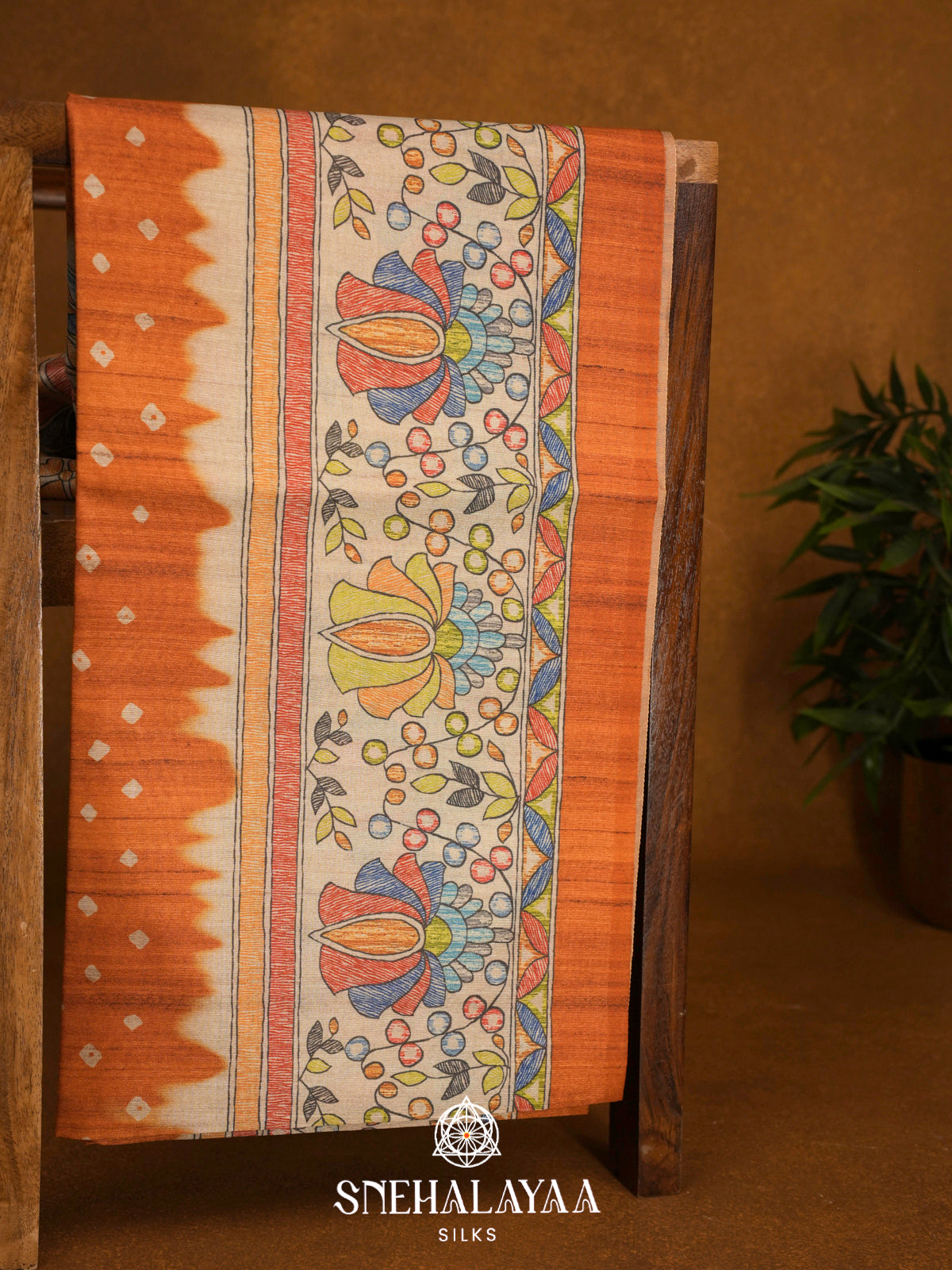 Orange  Madhubani Printed Saree