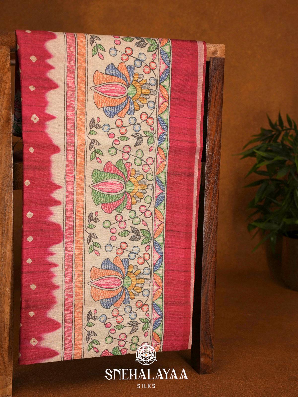 Cherry Red  Madhubani Printed Saree