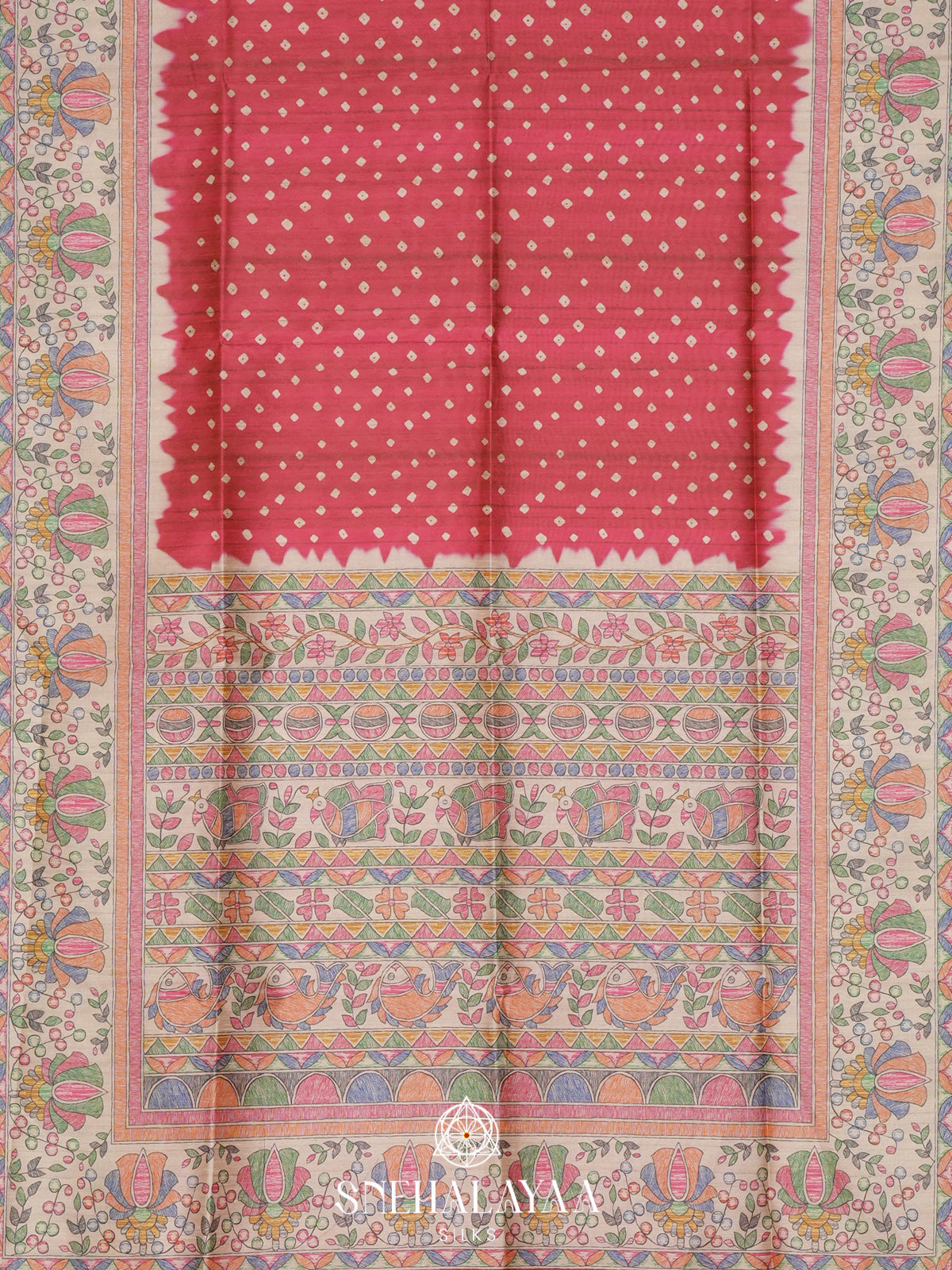 Crimson Red  Madhubani Printed Saree
