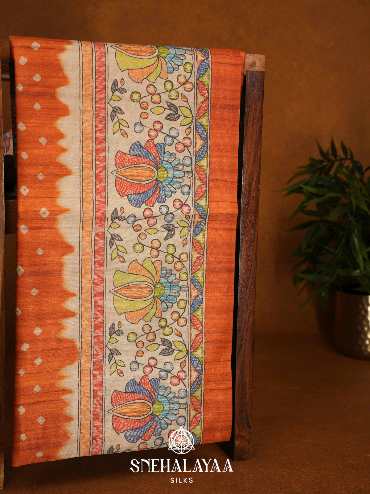 Orange Madhubani Tussar Saree