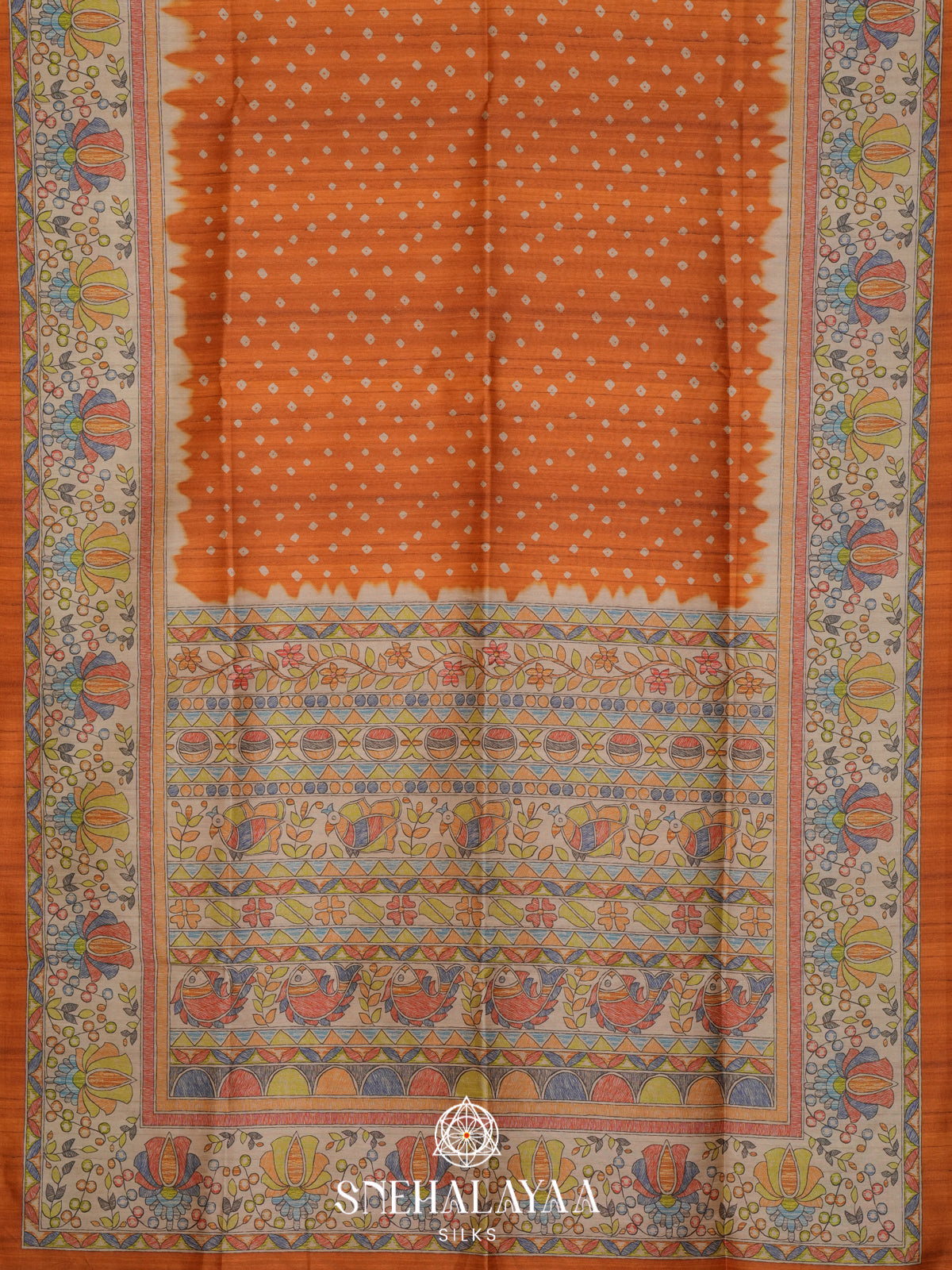 Orange Madhubani Tussar Saree