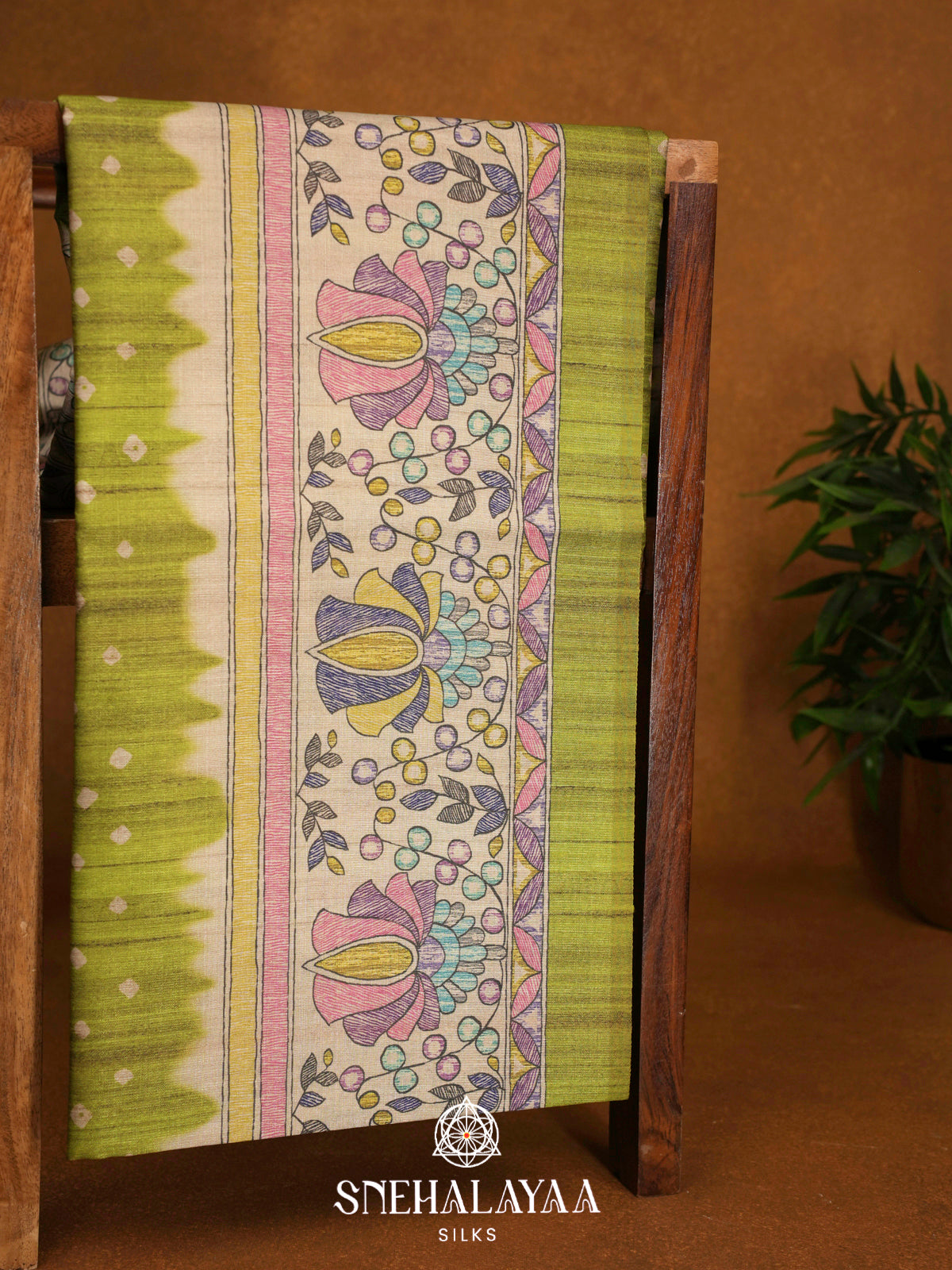 Chartreuse Green  Madhubani Printed Saree
