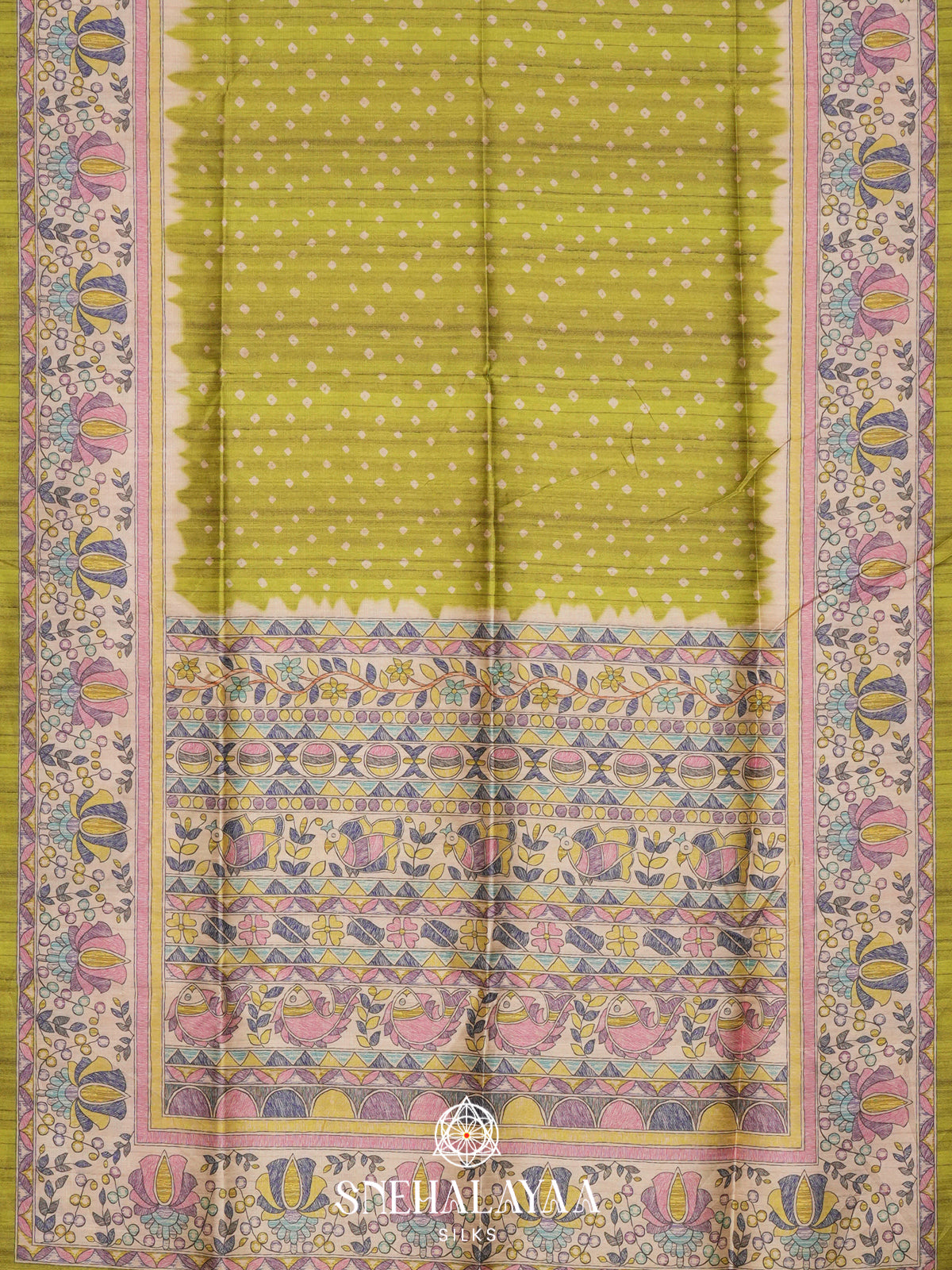 Chartreuse Green  Madhubani Printed Saree