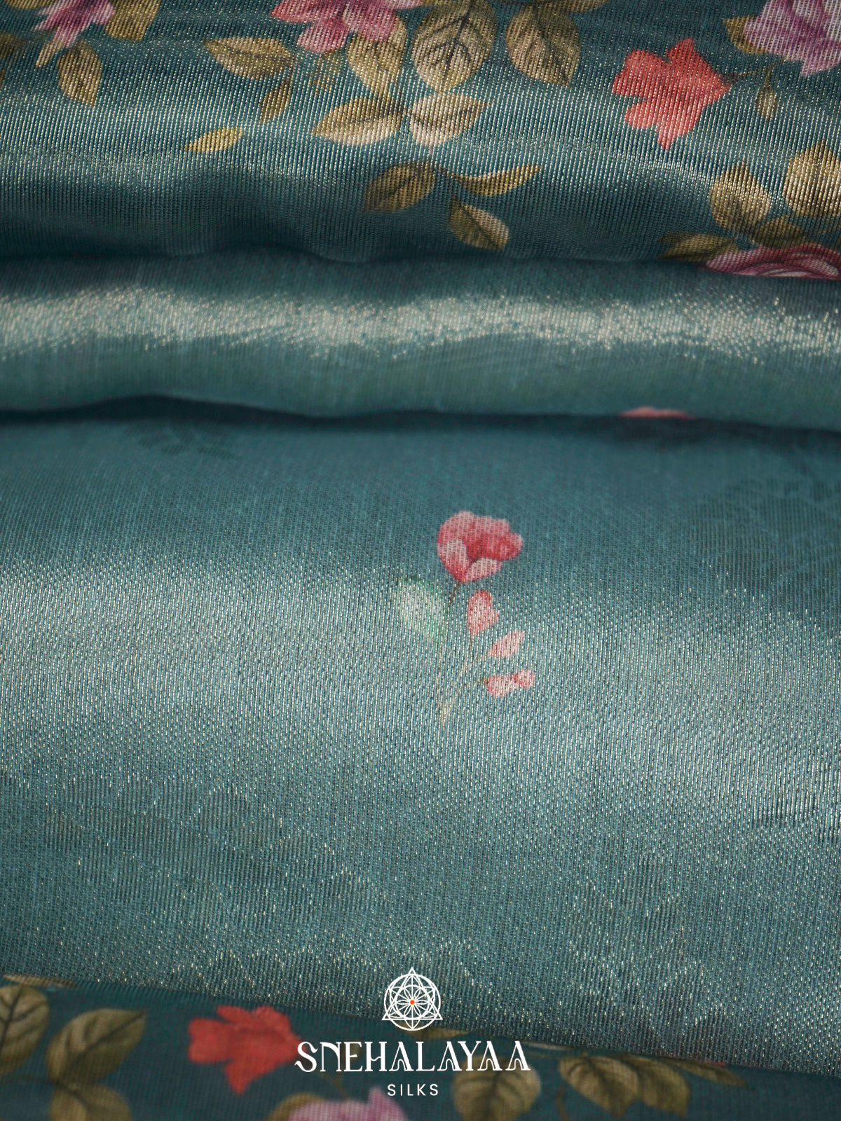 Teal Green Floral Tissue Saree