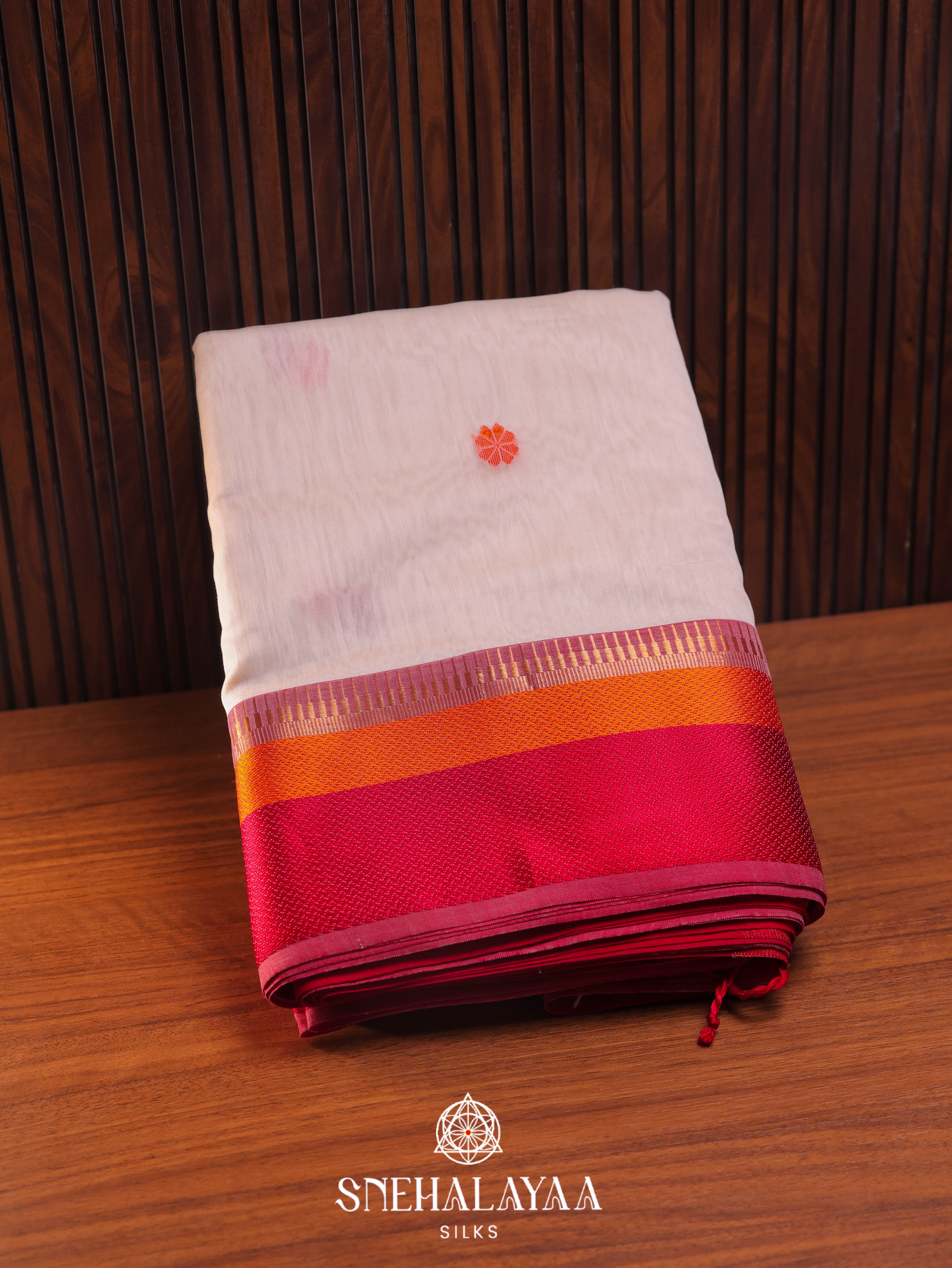 White Maheshwari Silk Cotton Saree