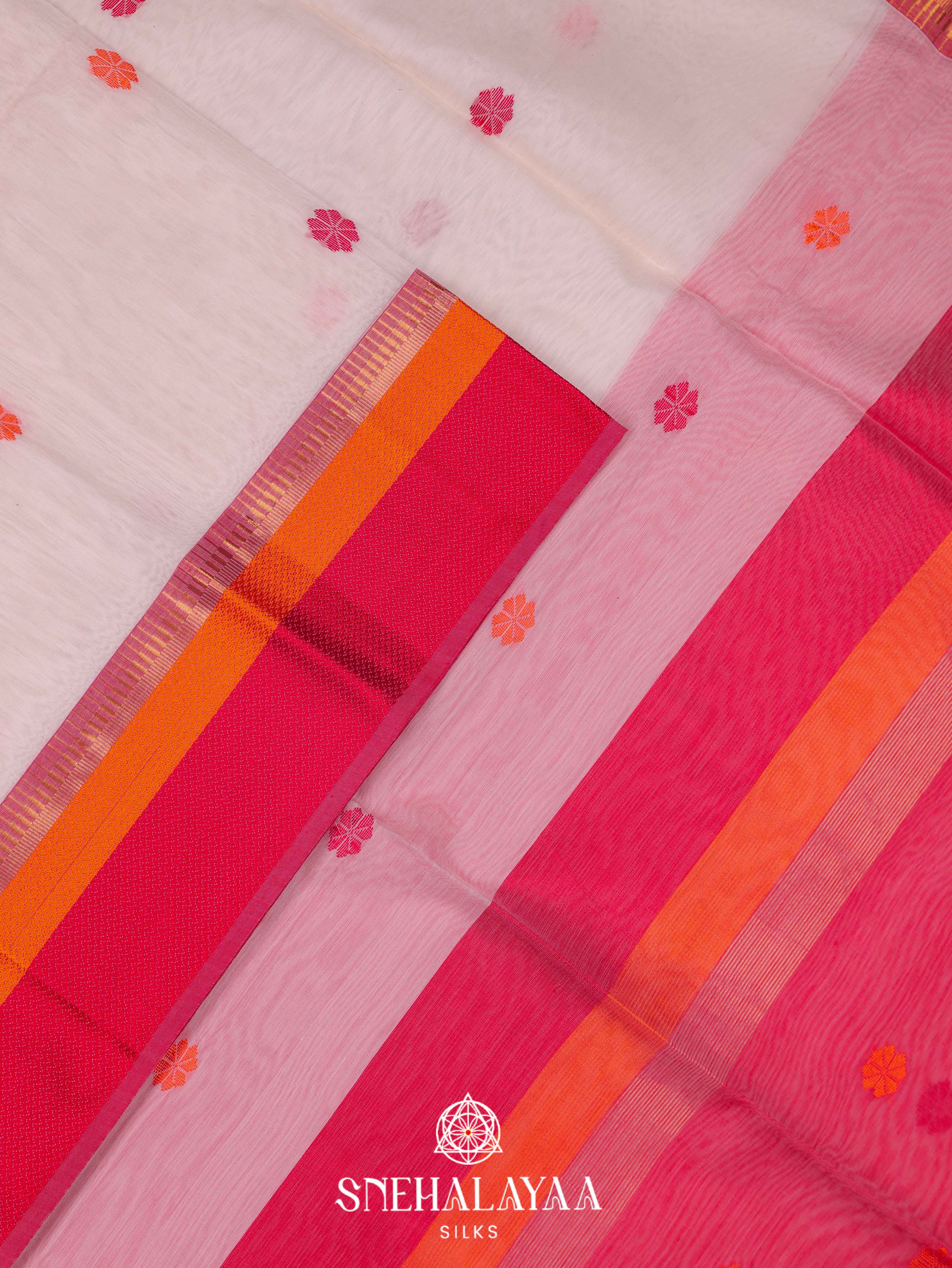 White Maheshwari Silk Cotton Saree