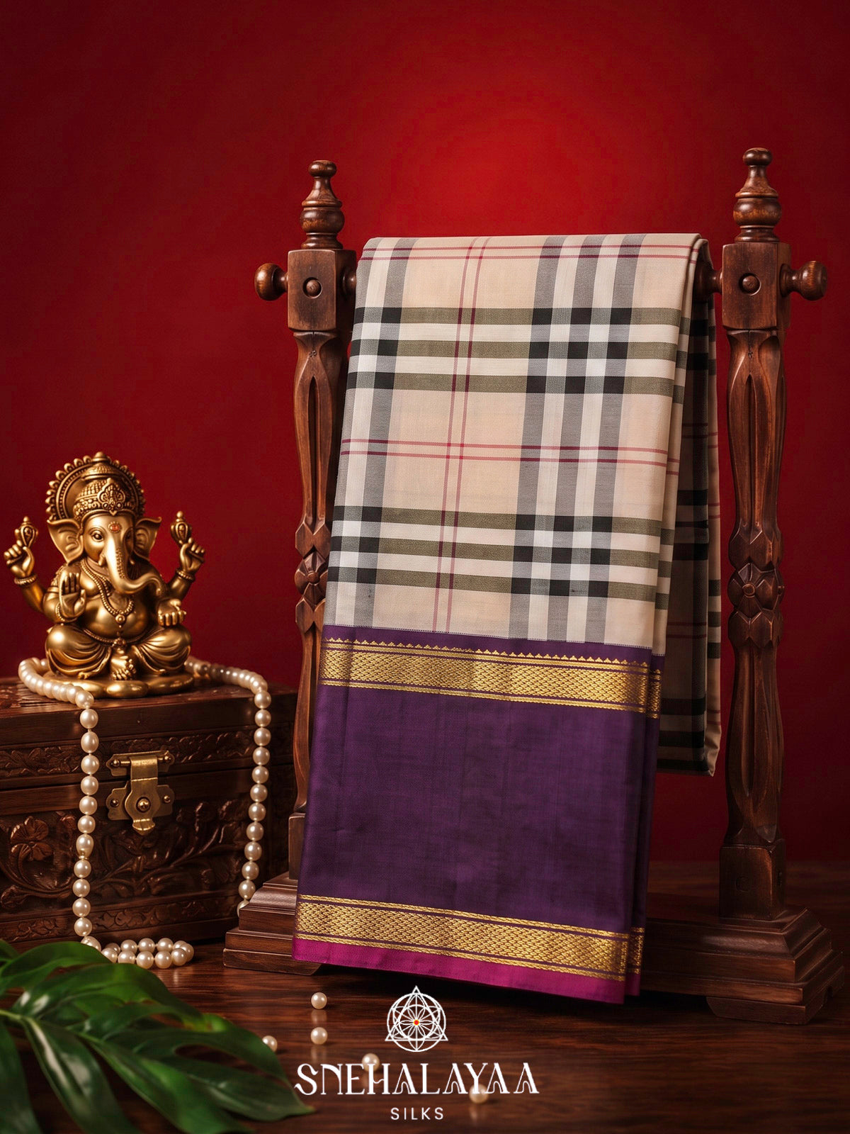 Cream Checked Kanjivaram Silk Saree