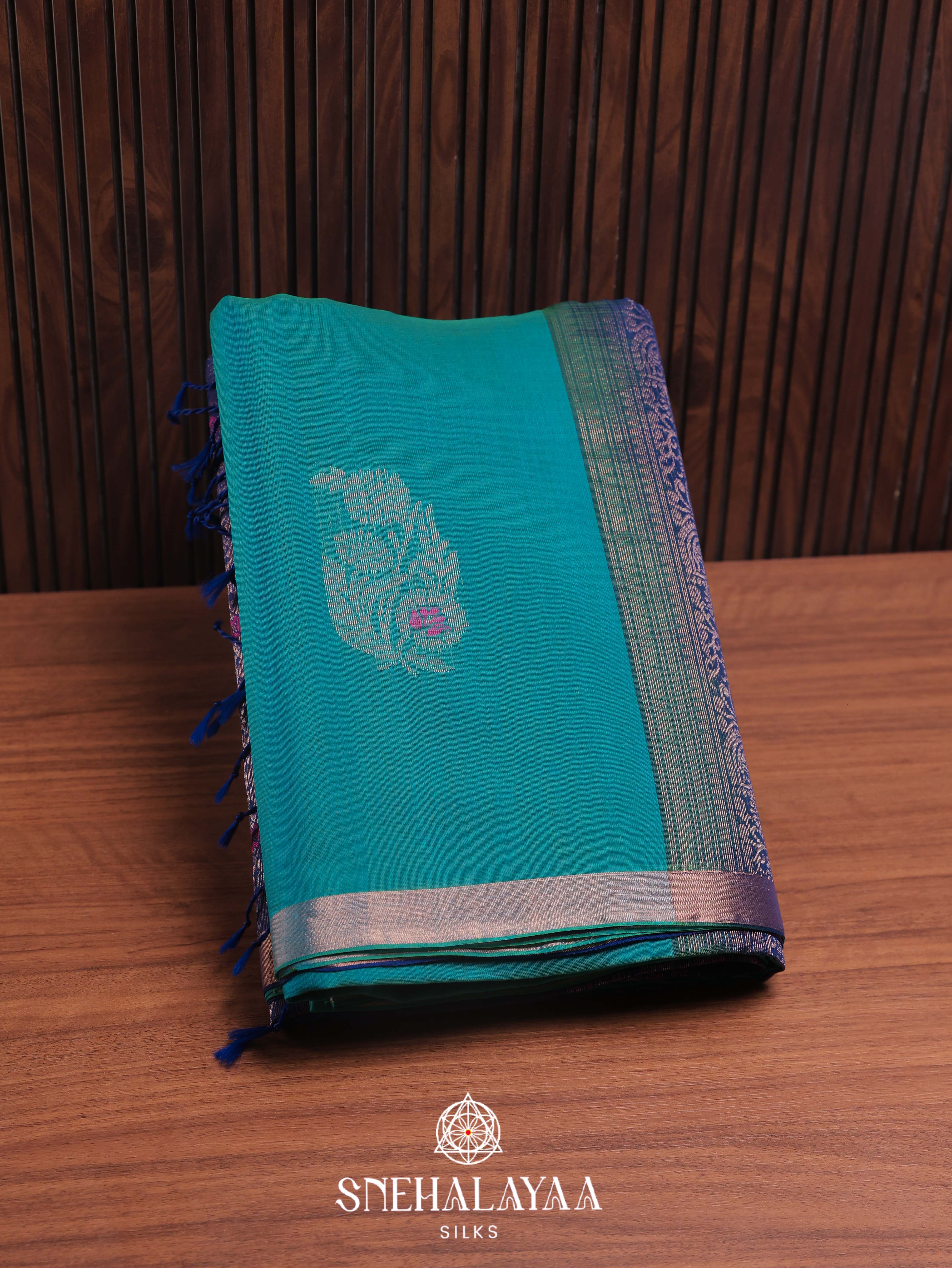 Teal Blue Maheshwari Silk Cotton Saree