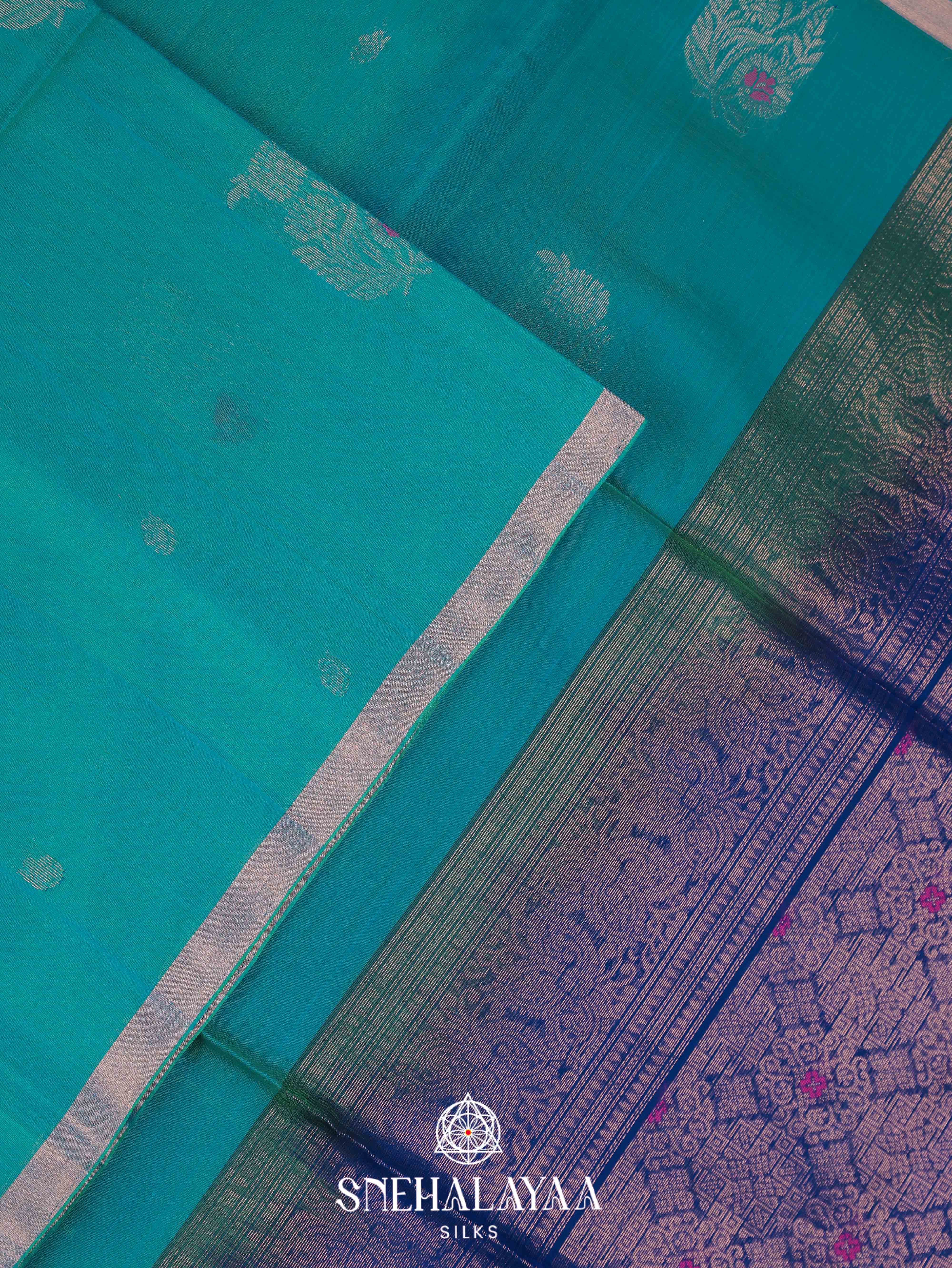 Teal Blue Maheshwari Silk Cotton Saree