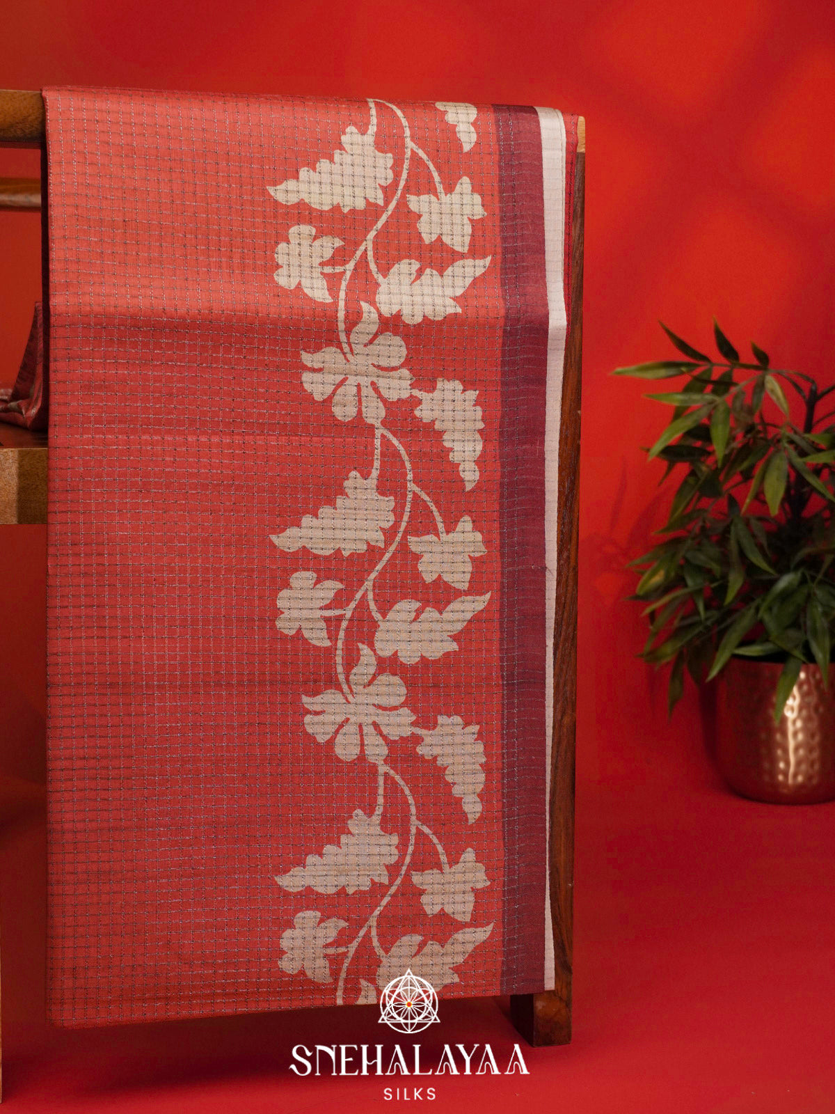 Coral Red Tussar Saree