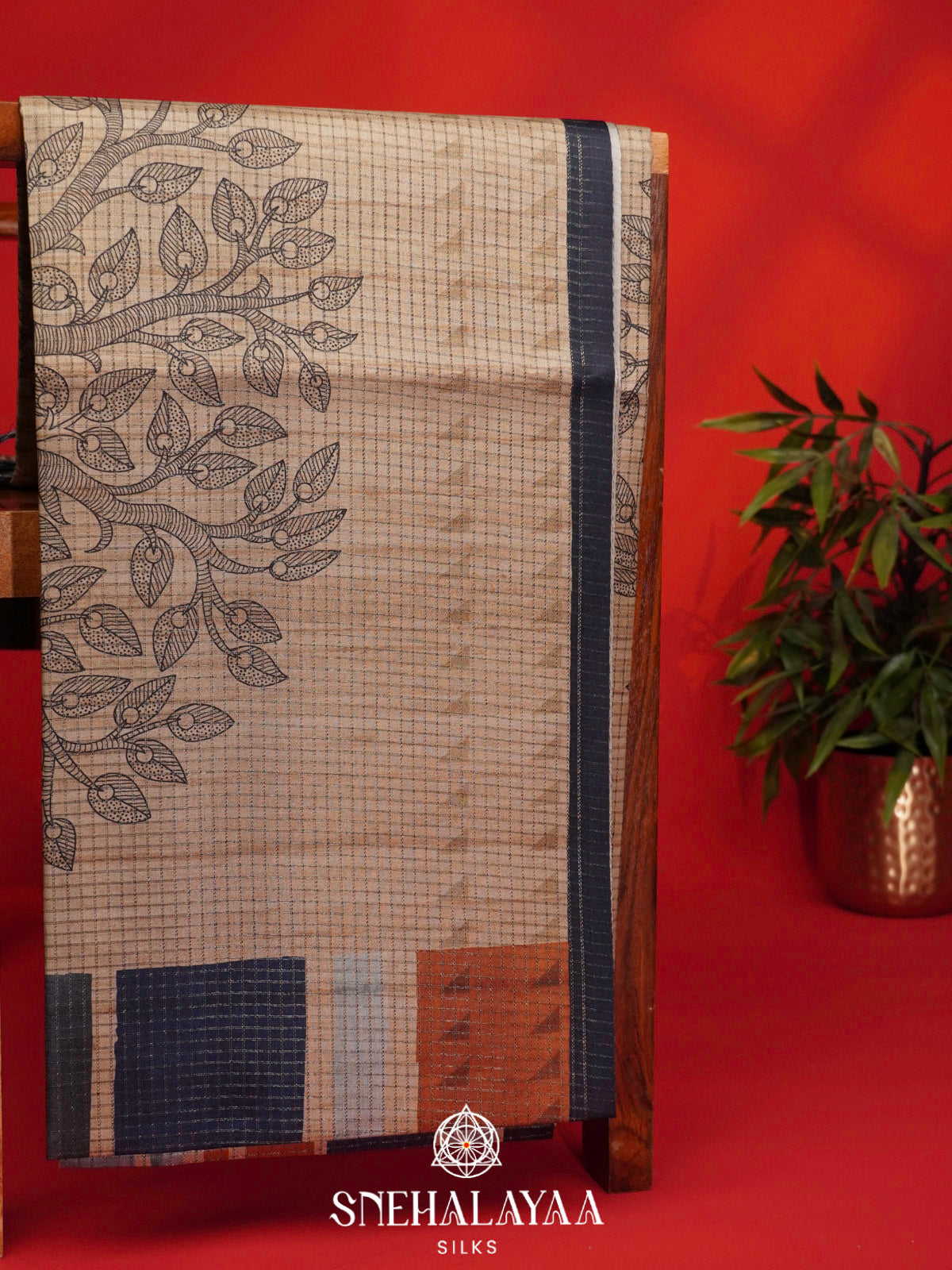 Beige With Navy Blue Border Tussar Saree