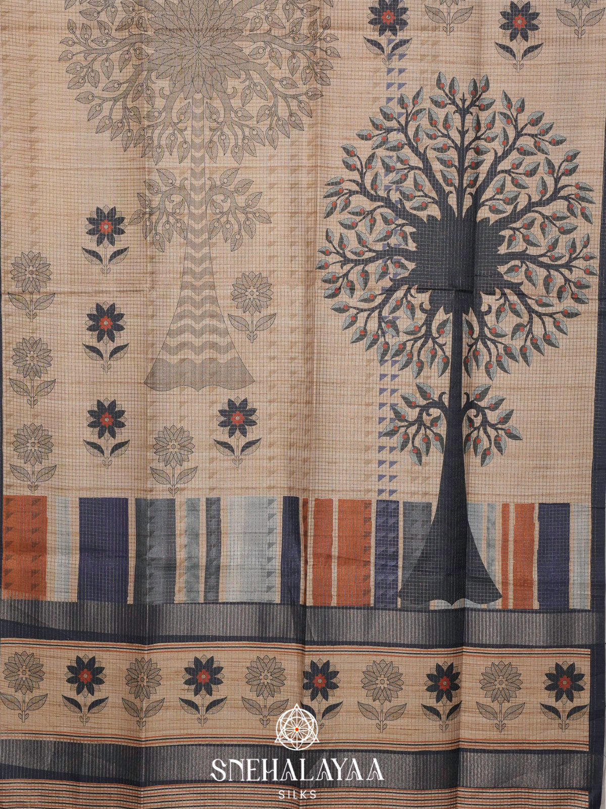 Beige With Navy Blue Border Tussar Saree
