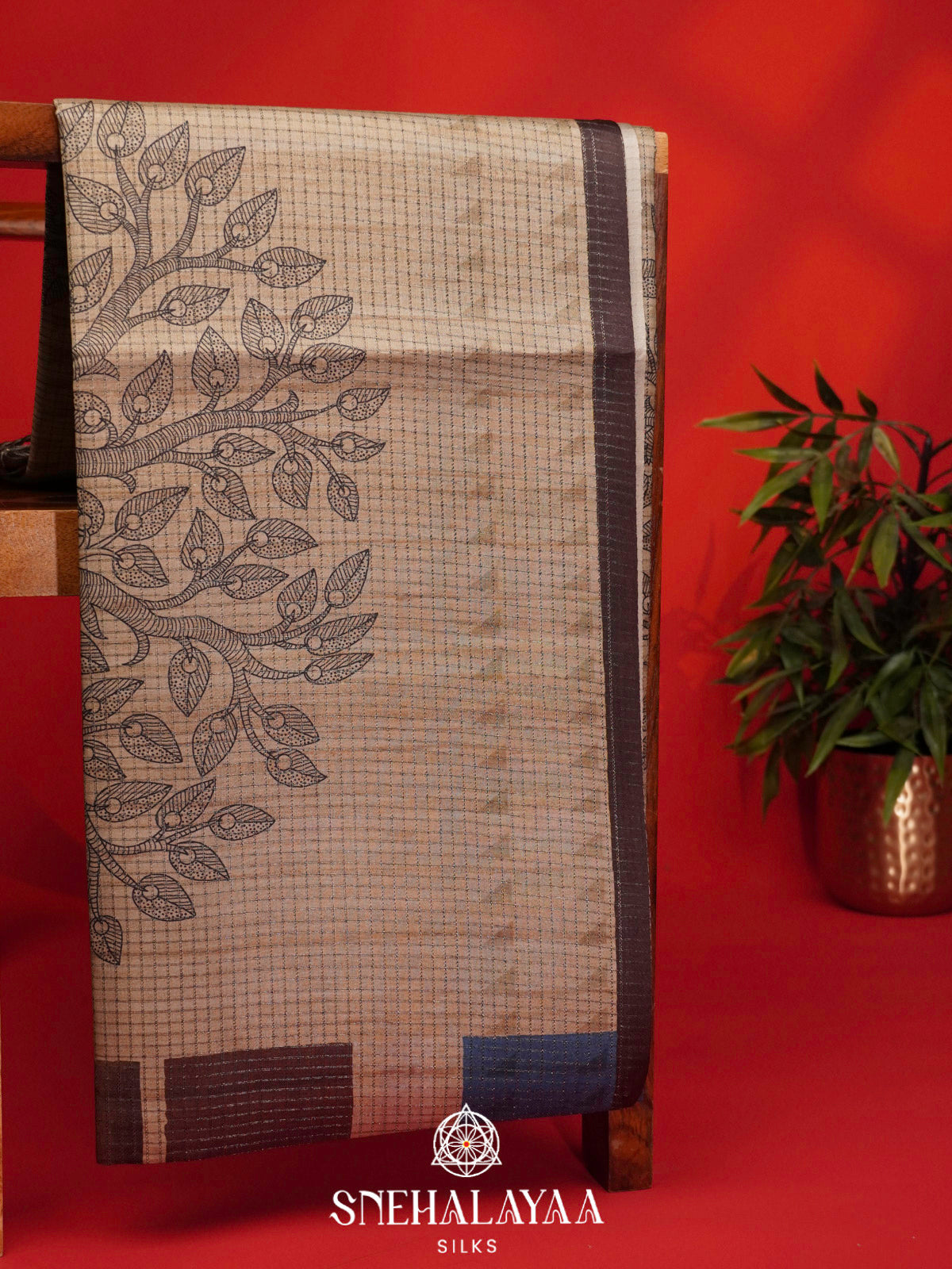 Beige With Coffee Brown Border Tussar Saree