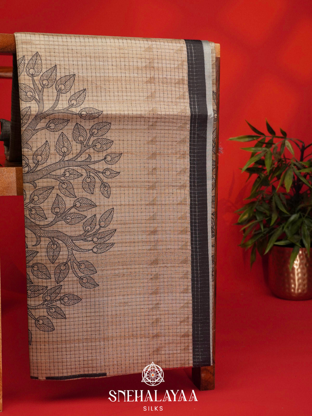 Beige With Black Border Tussar Saree
