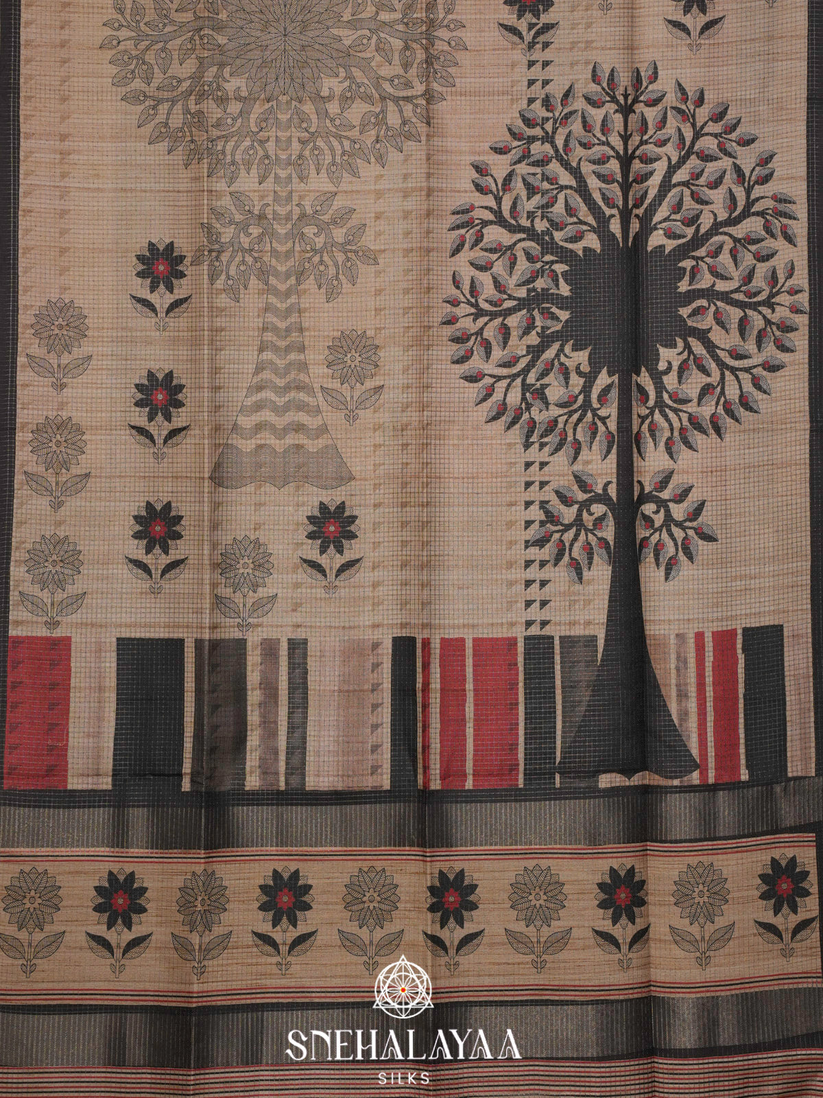 Beige With Black Border Tussar Saree