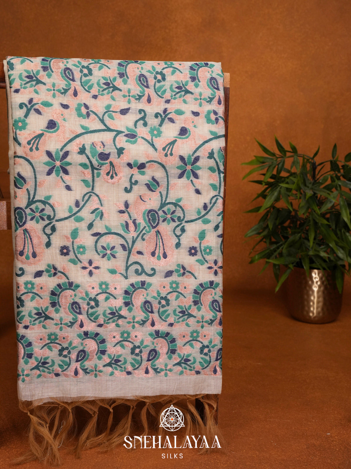 Cream Floral Printed Munga Cotton Saree