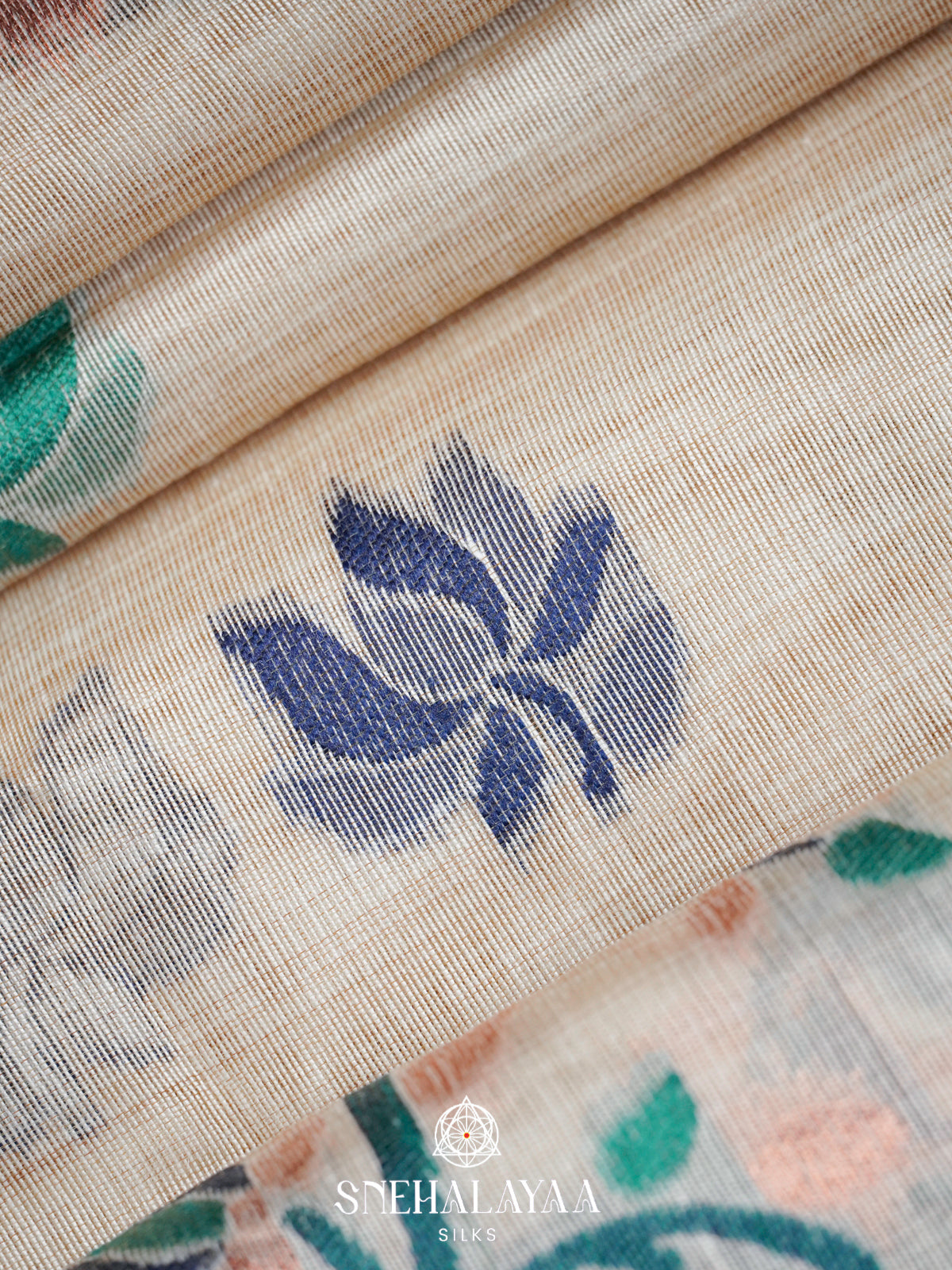 Cream Floral Printed Munga Cotton Saree