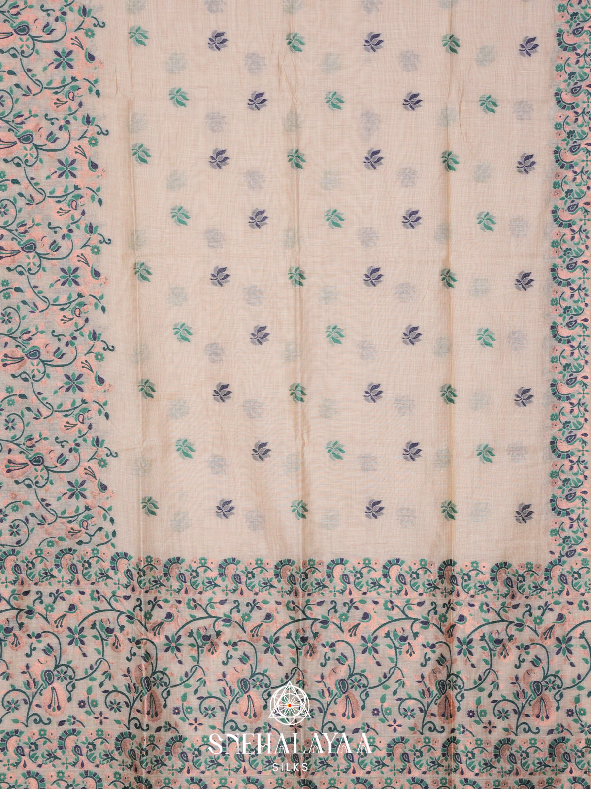 Cream Floral Printed Munga Cotton Saree