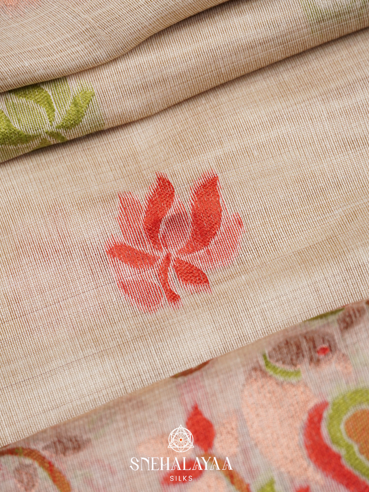 Cream Floral Printed Munga Cotton Saree