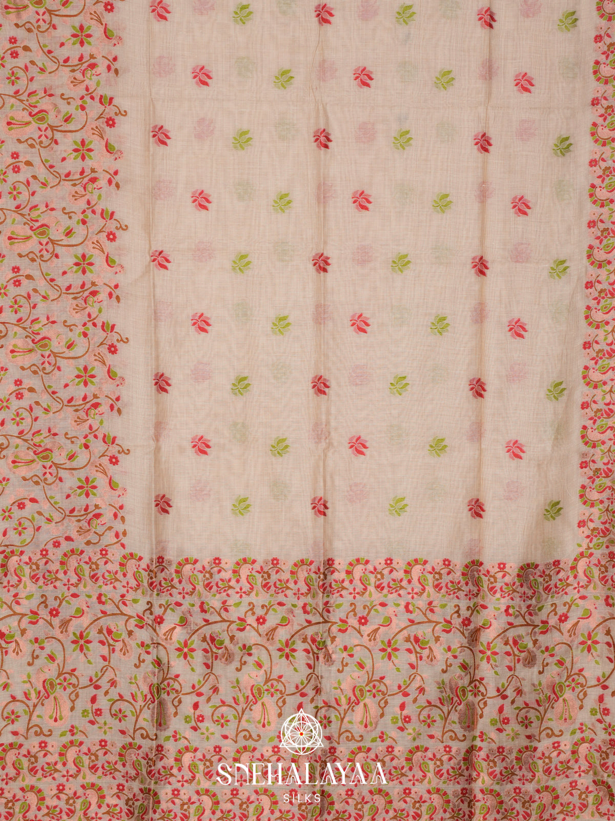 Cream Floral Printed Munga Cotton Saree