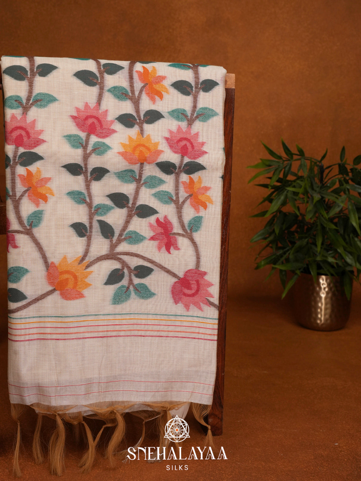 Cream Floral Printed Munga Cotton Saree