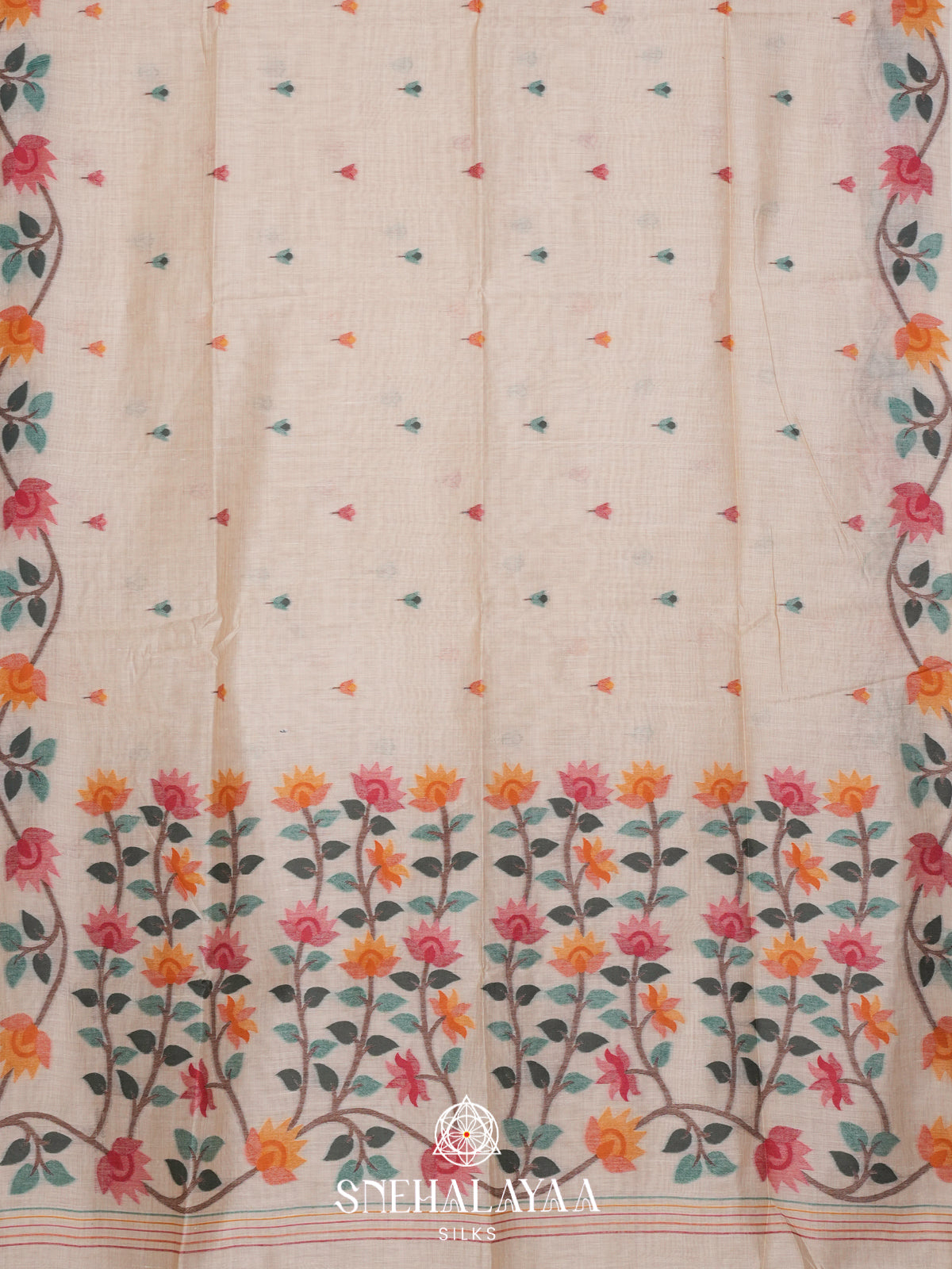 Cream Floral Printed Munga Cotton Saree