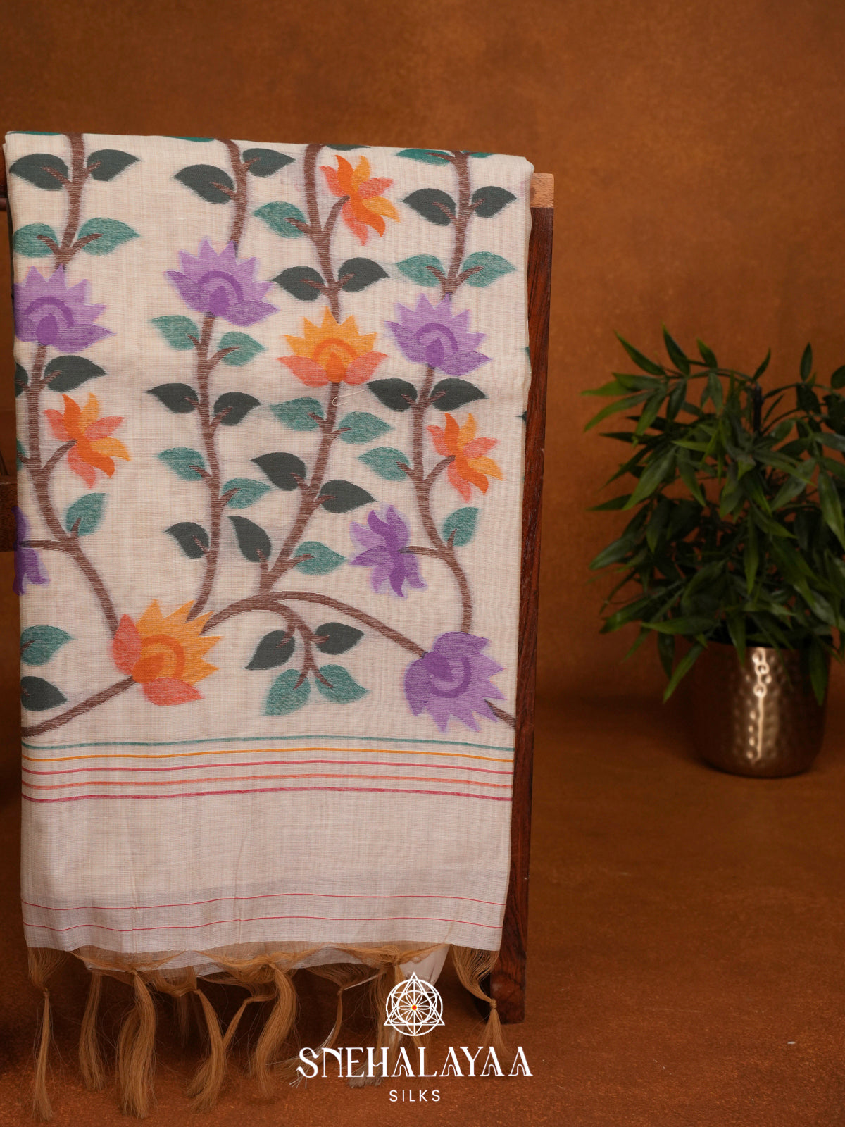 Cream Floral Printed Munga Cotton Saree