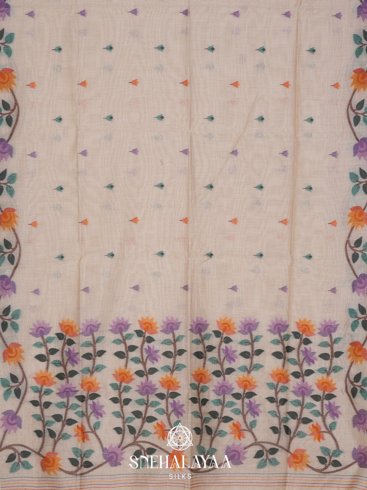 Cream Floral Printed Munga Cotton Saree