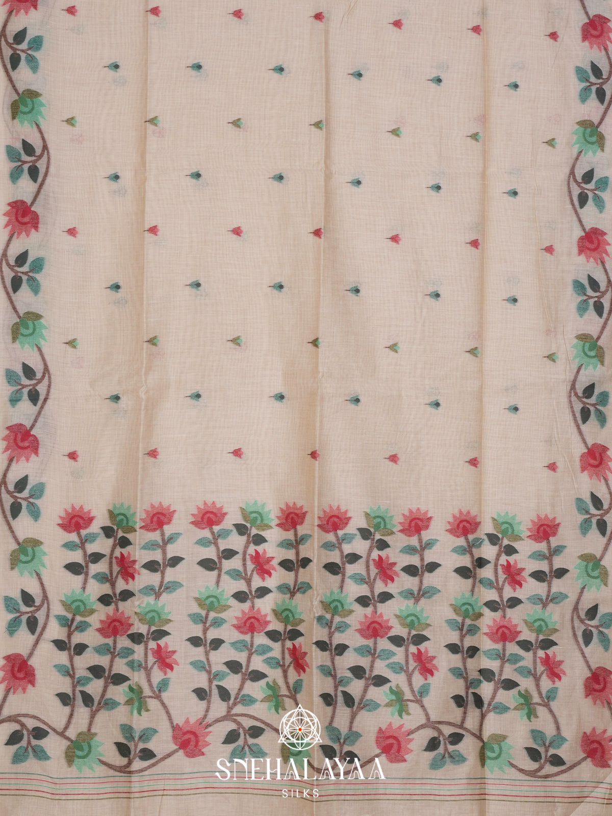 Cream Floral Printed Munga Cotton Saree