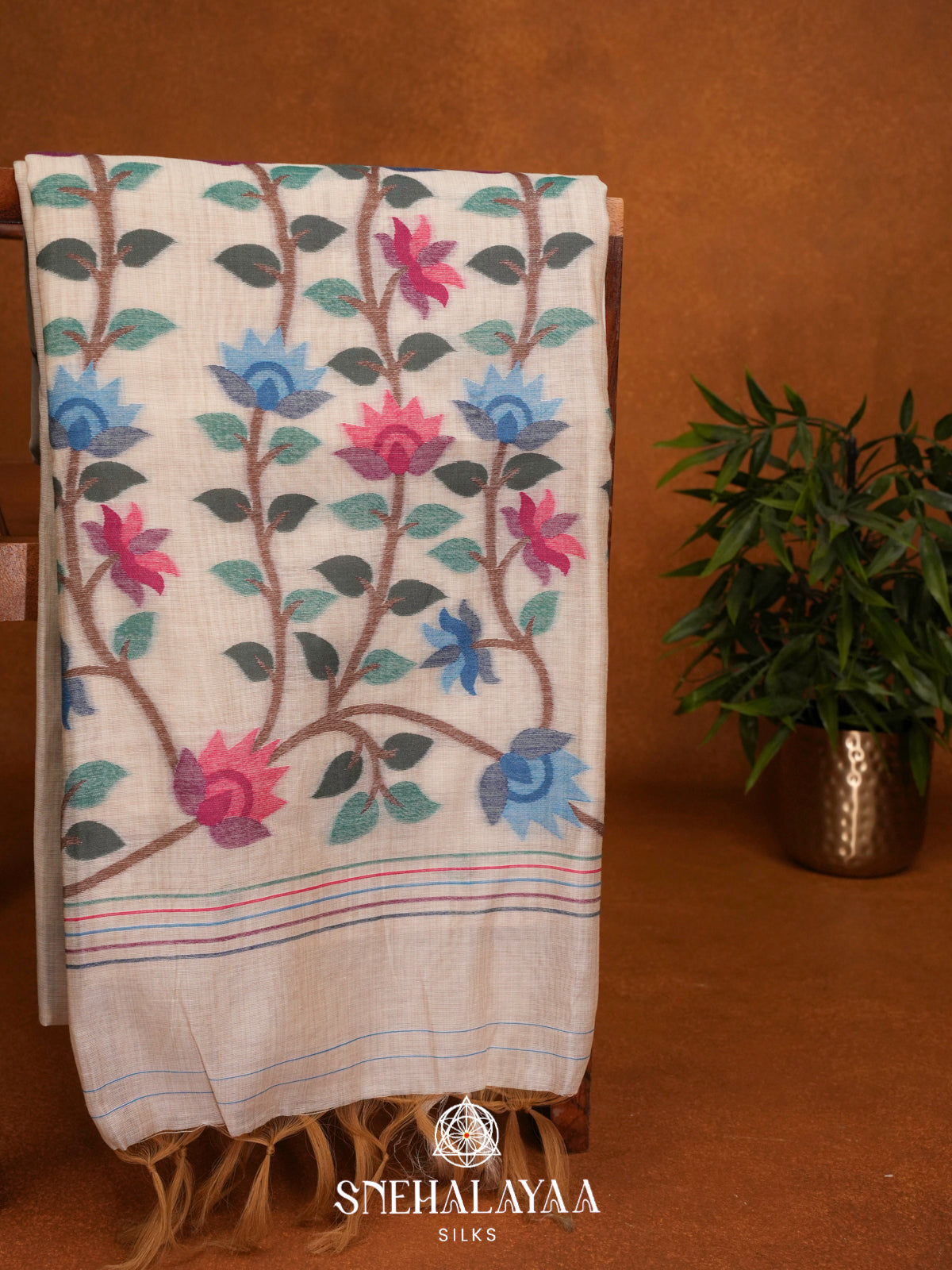 Cream Floral Printed Munga Cotton Saree