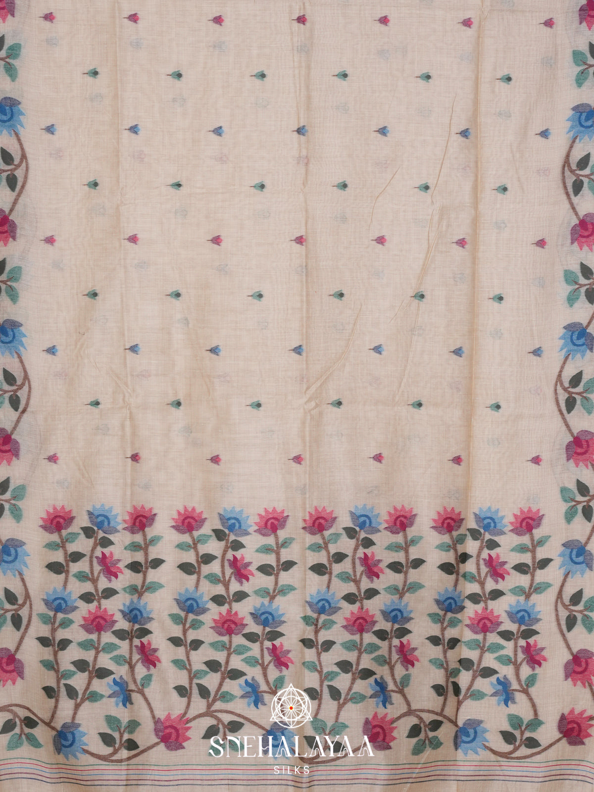 Cream Floral Printed Munga Cotton Saree