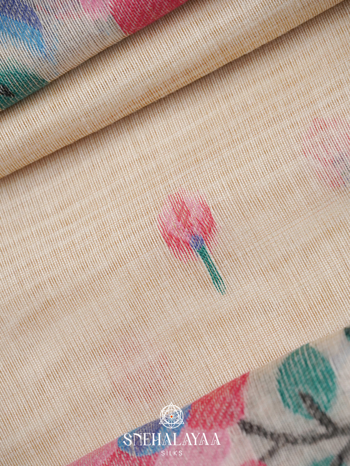 Cream Floral Printed Munga Cotton Saree