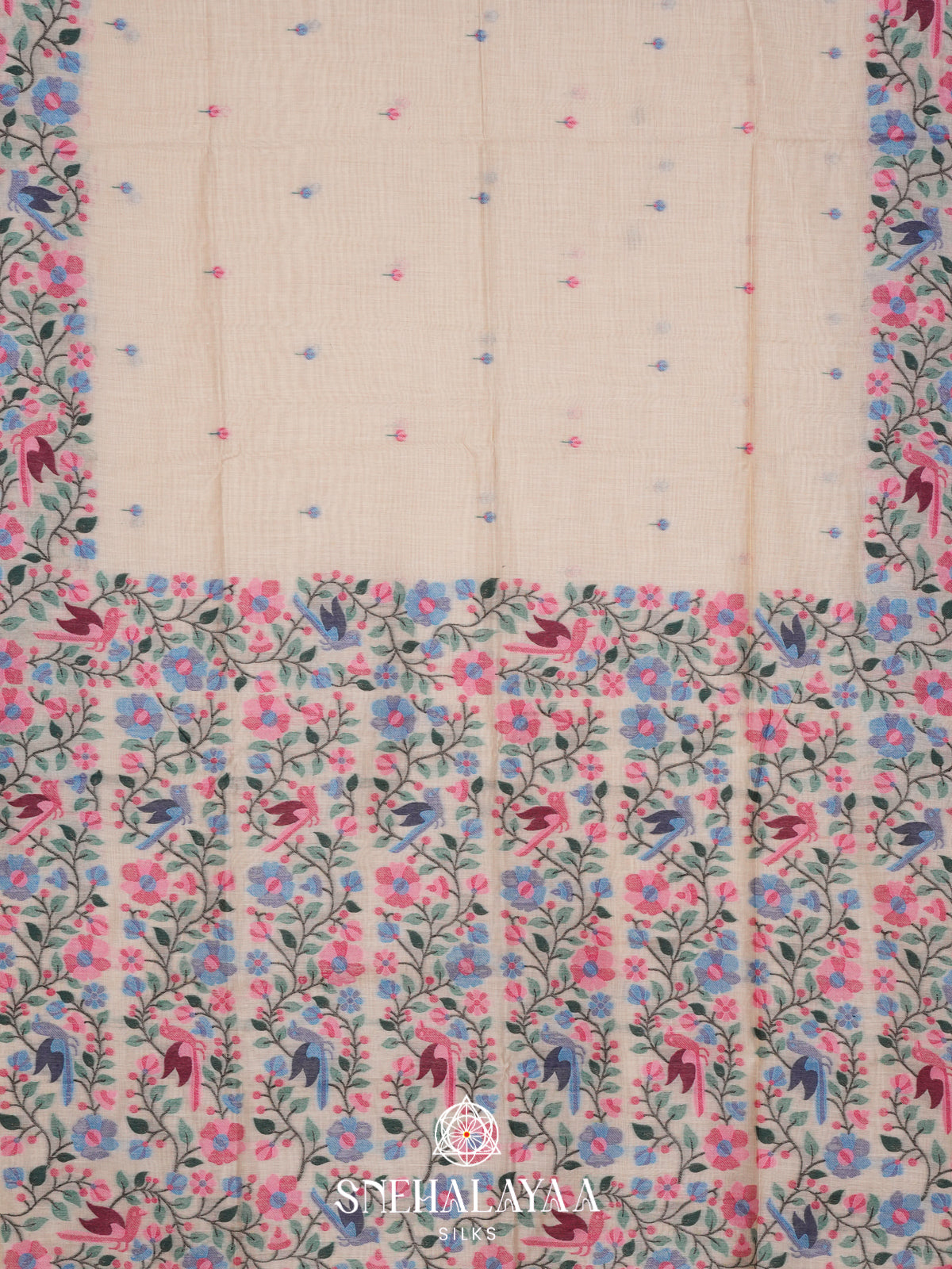 Cream Floral Printed Munga Cotton Saree