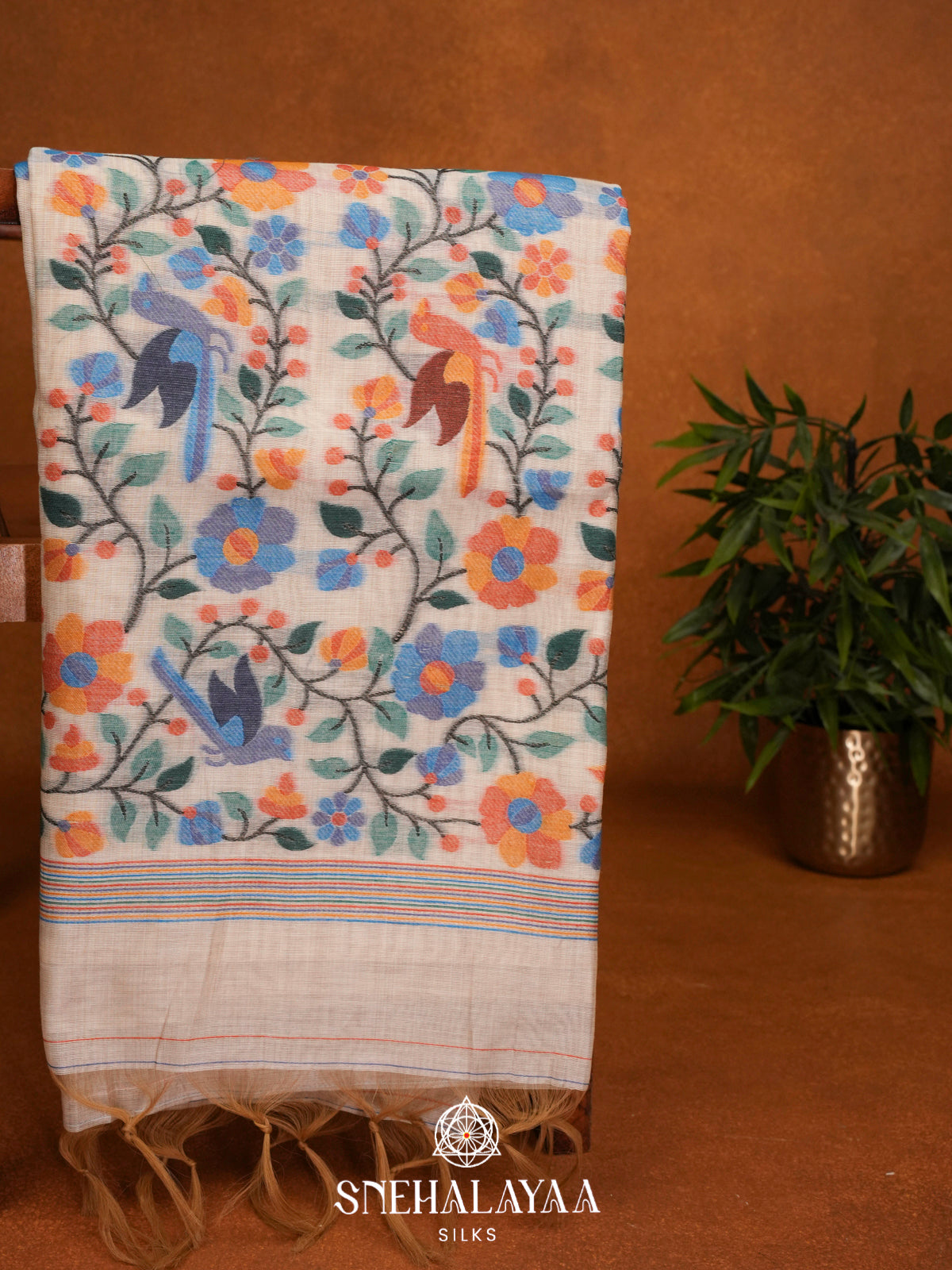 Cream Floral Printed Munga Cotton Saree