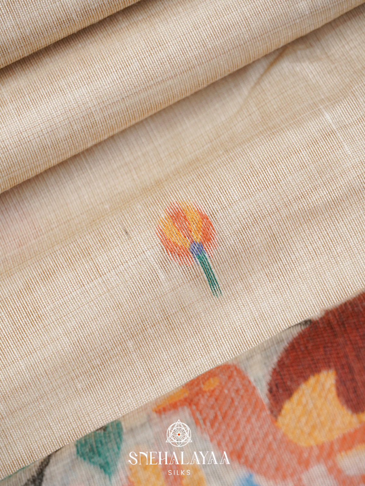 Cream Floral Printed Munga Cotton Saree