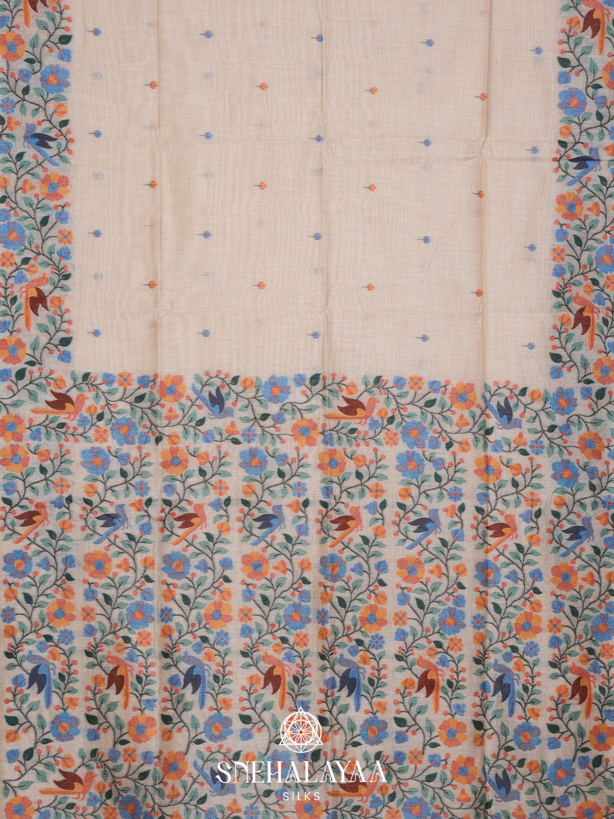 Cream Floral Printed Munga Cotton Saree