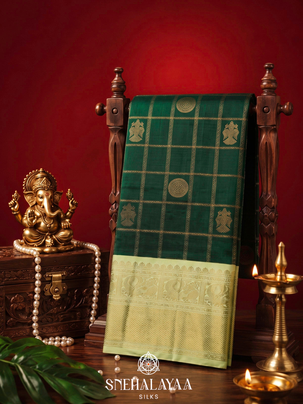 Bottle Green Kanjivaram Silk Saree with Gold Zari Border