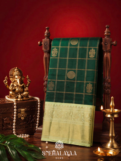 Bottle Green Kanjivaram Silk Saree with Gold Zari Border