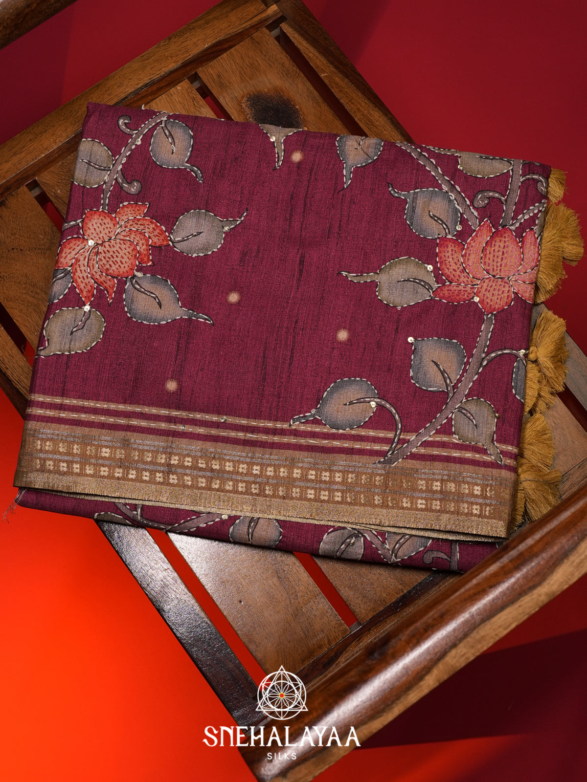 Maroon Tussar saree