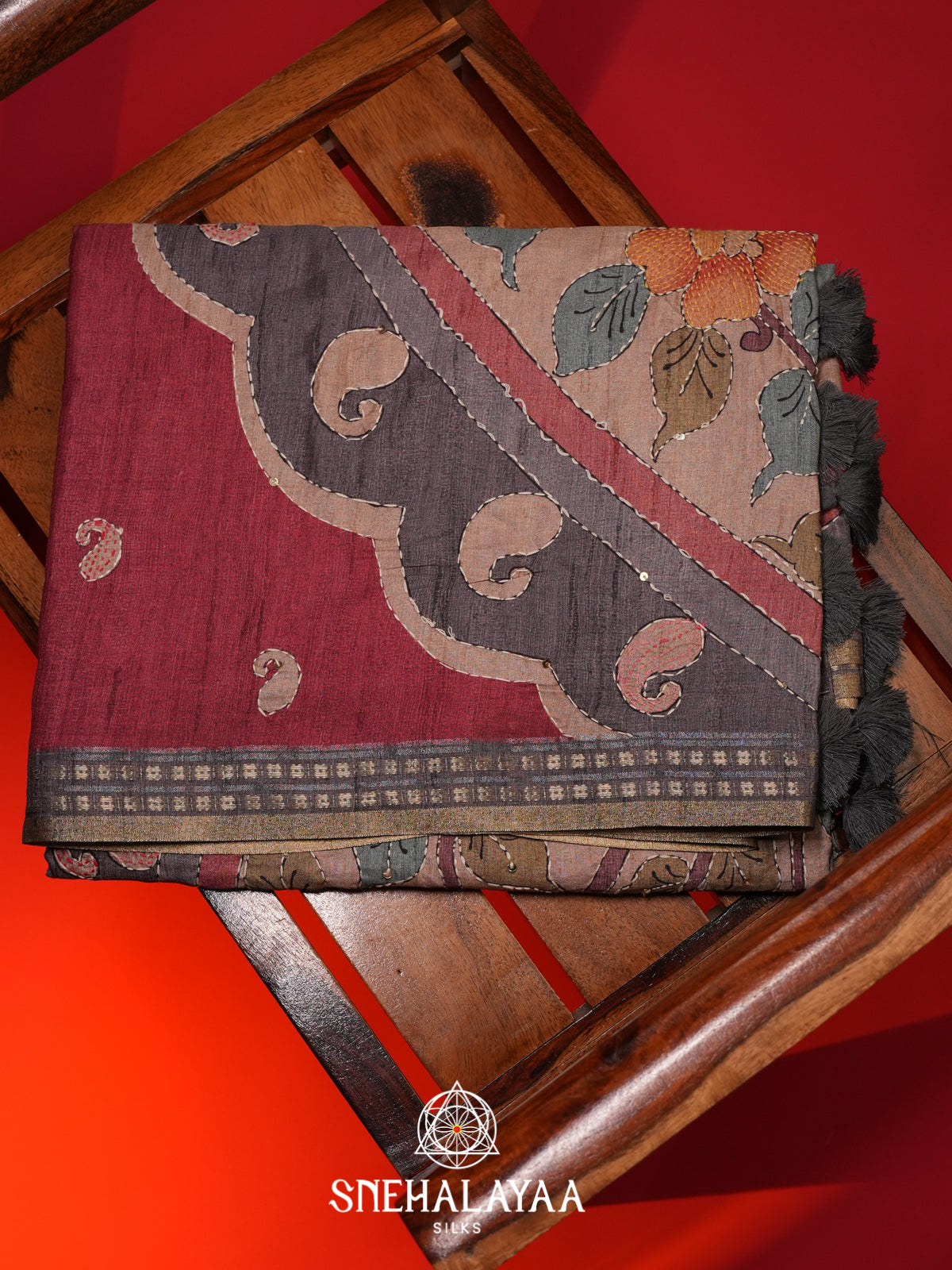Maroon Tussar saree